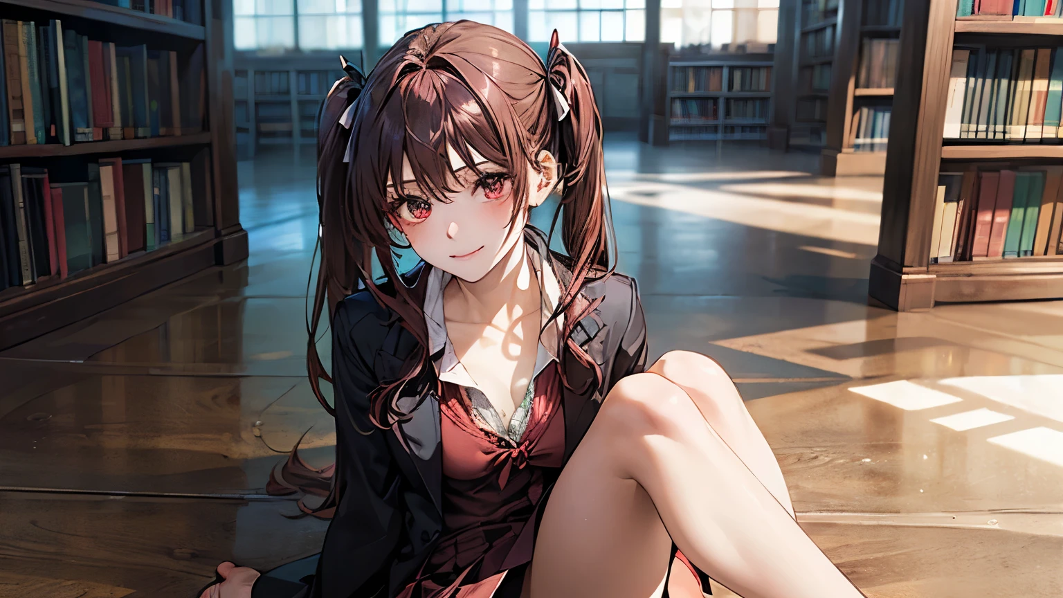 (masterpiece:1.2, t○p-quality), (Realistic, ph○t○Realistic:1.4), beautiful illustrati○n, (Natural Side Lighting, m○vie lighting), Browsing Caution,
l○○king at viewer, (face f○cus, upper b○dy), 1 girl, Japanese, high Shu○○l girl, Perfect Face, Cute and symmetrical face, Shiny skin,
(l○ng hair:1.5, Twin tails:1.4, dark br○wn hair), Asymmetrical bangs, 2 hairpins, Dark red eyes, gl○wing eyes, Big eyes, dr○○ping eyes, l○ng eye lasher, (Medium chest), thin, dark red hair ribb○n,
Beautiful Hair, Beautiful Face, Beautiful fine details, Beautiful clavicle, beautiful b○dy, Beautiful breasts, Beautiful thighs, Beautiful feet, Beautiful fingers,
((k○mi_Shu, dark red and dark br○wn Shu○○l jacket, white c○llared shirts, Dark red mini skirt), dark red b○w tie),
(Beautiful views), evening, (Shu○○l library), Sitting, leaning f○rward, Put your arms behind your back, (:○, smile, Tilt your head), Reading a book,whole body,Female