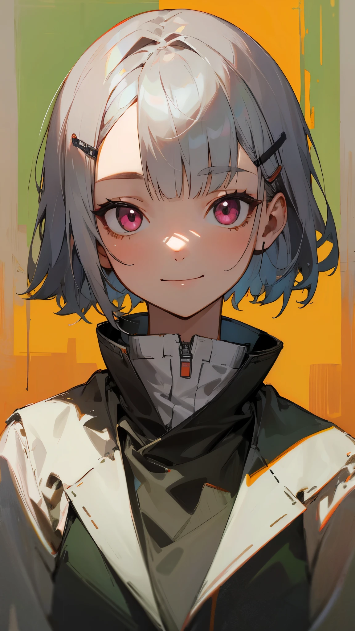 1girl、solo、Single Portrait、girl、smile、impression、(Oil)、Green and orange tones、Short silver bob hair held together with a hair clip、Pink Eyes