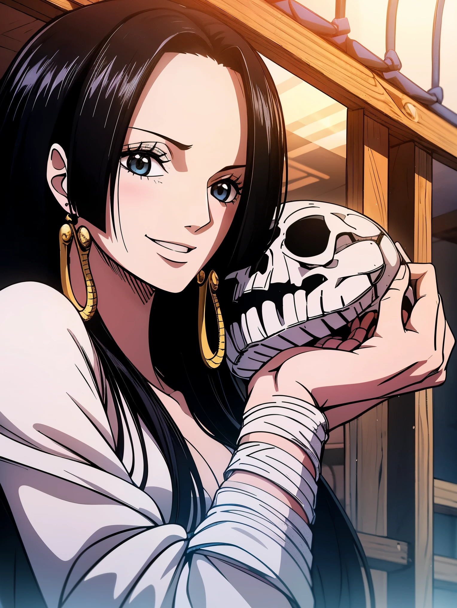 highest quality, masterpiece, Very detailed,One girl, cage, bandage, Red rope, (Detail Light), Boa Hancock,, (masterpiece:1.5), Detailed Photos, smile,(8k, Realistic, highest quality: 1.4), (One girl), Beautiful Face, (Anime realistic face), (Black Hair, Long Hair: 1.3), Beautiful Hairstyles, Realistic eyes, Beautiful details in the eyes, (Realistic Skin), Beautiful Skin, (Swimwear), (((Cowboy Shot))), Absurd, Charm, 超High resolution, Ultra-realistic, High resolution, Golden Ratio, Salome, White snake with a skull on its head, Big Snake