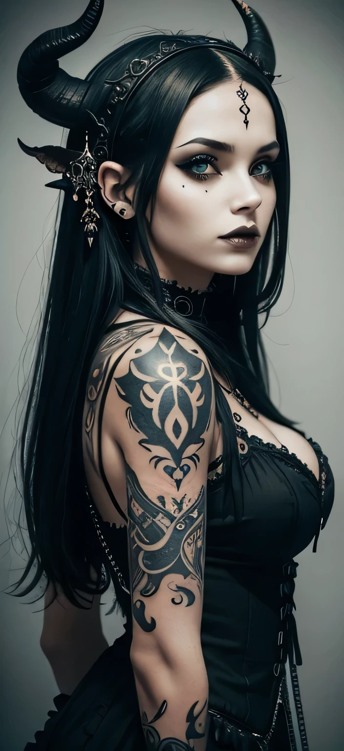 woman with a pair of horns on her head, tattoos and a gothic style