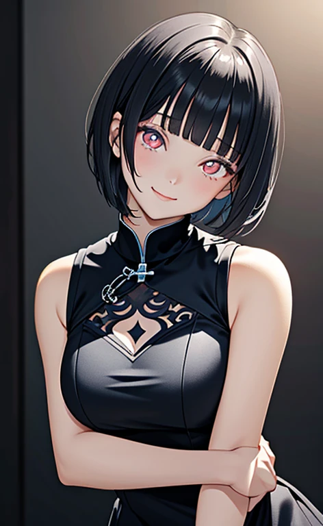 (masterpiece:1.4、top-quality、illustration)、(character focus、,upper body:1.3)、(face:1.5),(from above),(1girl),(Gentle face:1.2),(Beautiful eyes:1.4),cute face,(red eyes:1.3)、(tareme:1.3)、(crazy eyes:1.3),(half closed eyes:1.3)、
),(stand:1.4),、(Gentle smile:1.2),(head tilt:1.3),
(blue black hair),(short hair:1.5)、
,(glowing eyes:1.3),（sleeveless turtleneck china dress:1.5),
(blunt bangs),(sidelocks:1.3), (large breasts)、
、slender、zydG