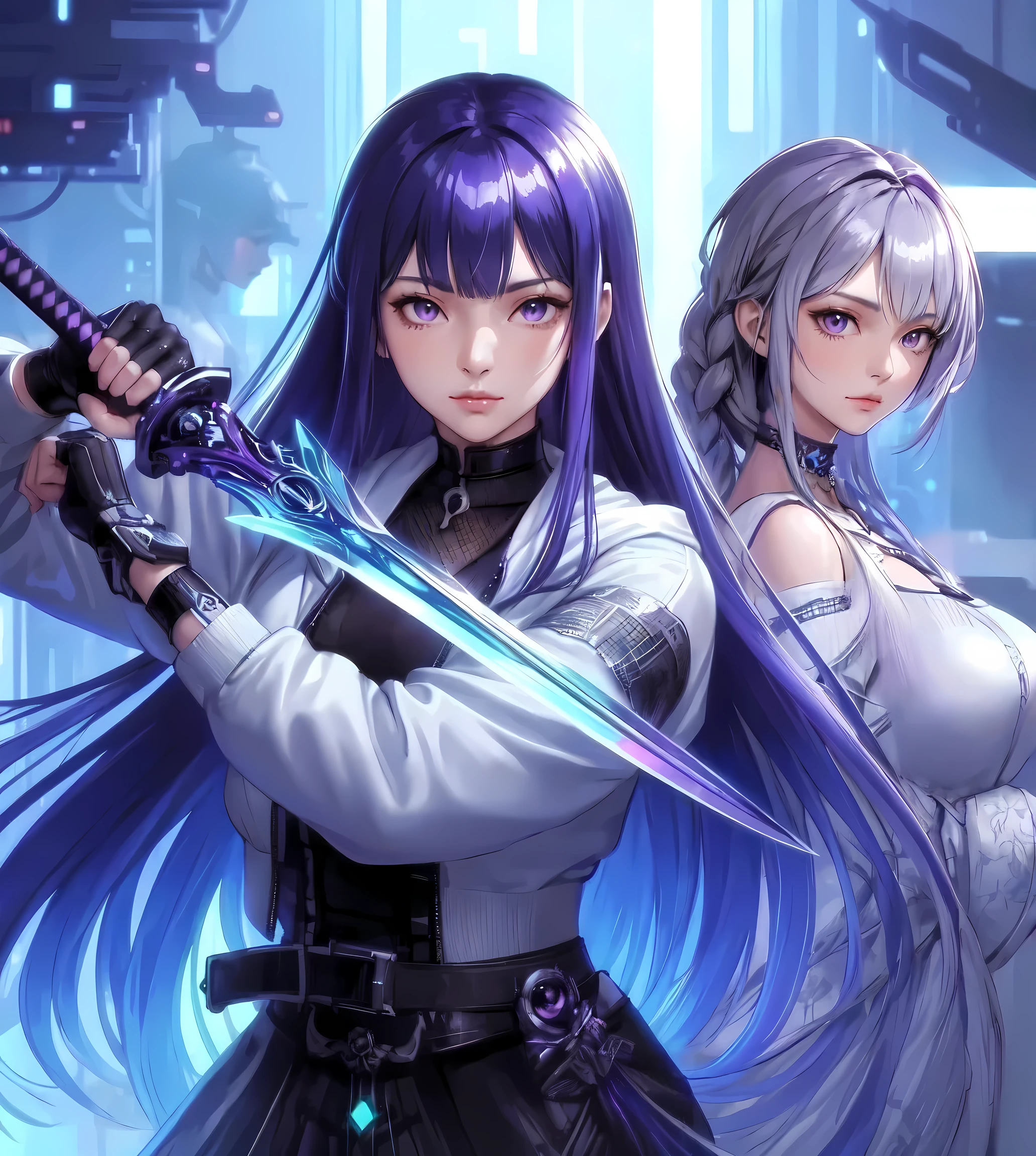 2ladies standing, (futuristic costume) (stylish outfit), mature female, cool expression, (light smile:0.8), dignified, (masterpiece best quality:1.2) delicate illustration ultra-detailed, large breasts BREAK 1lady, (holding Japanese sword), (dynamic posing), (indigo straight hair) bangs, (gradient hair) green, glove BREAK 1lady, (silver long hair) bangs, (twin braid), (gradient hair) purple, purple eyes BREAK (holding futuristic katana sword), (blade shimmering) BREAK (futuristic game world), dimly lit, danger, sharp lighting, detailed background