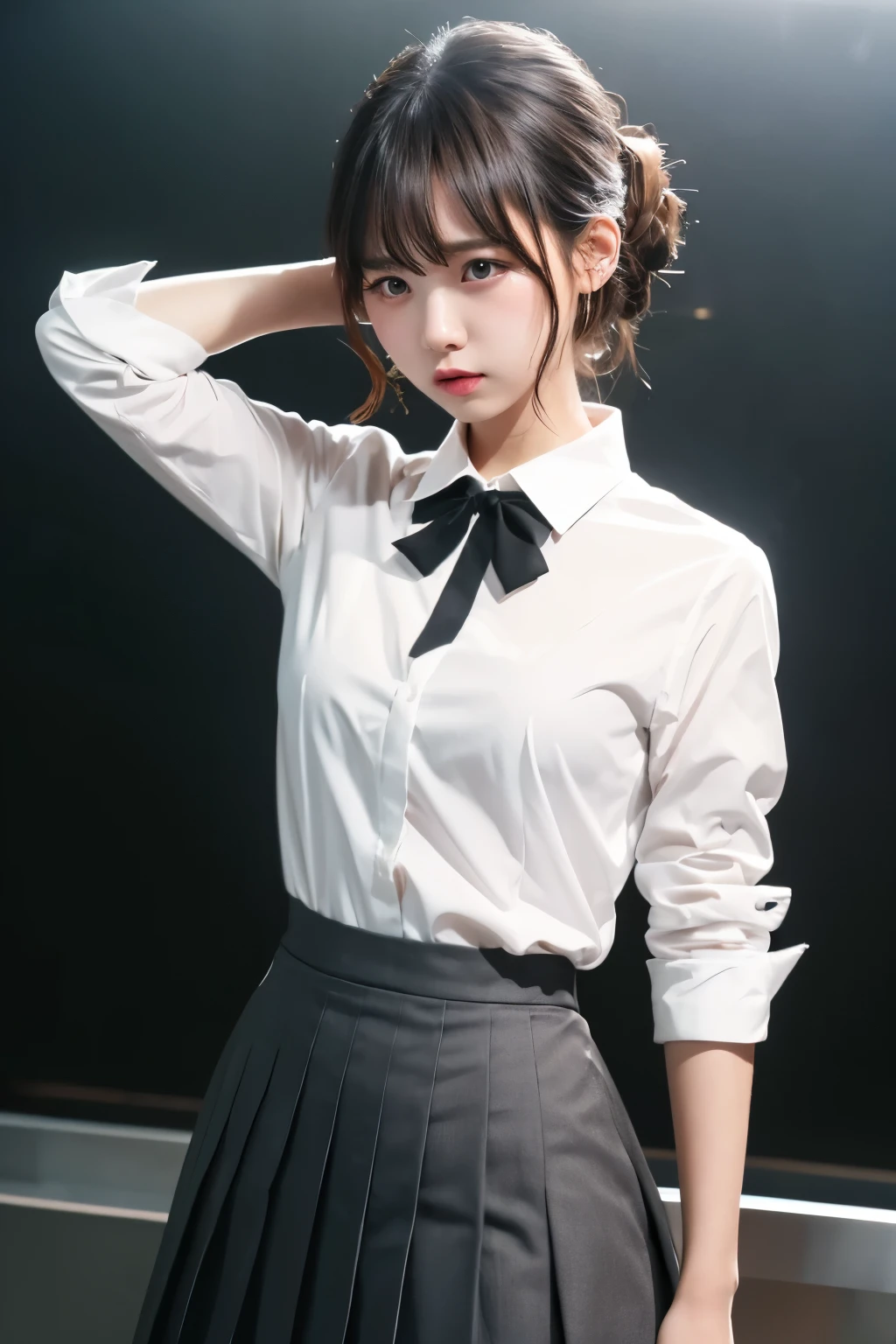 collared shirt, pleated skirt, , bow,crying,steam,sweat