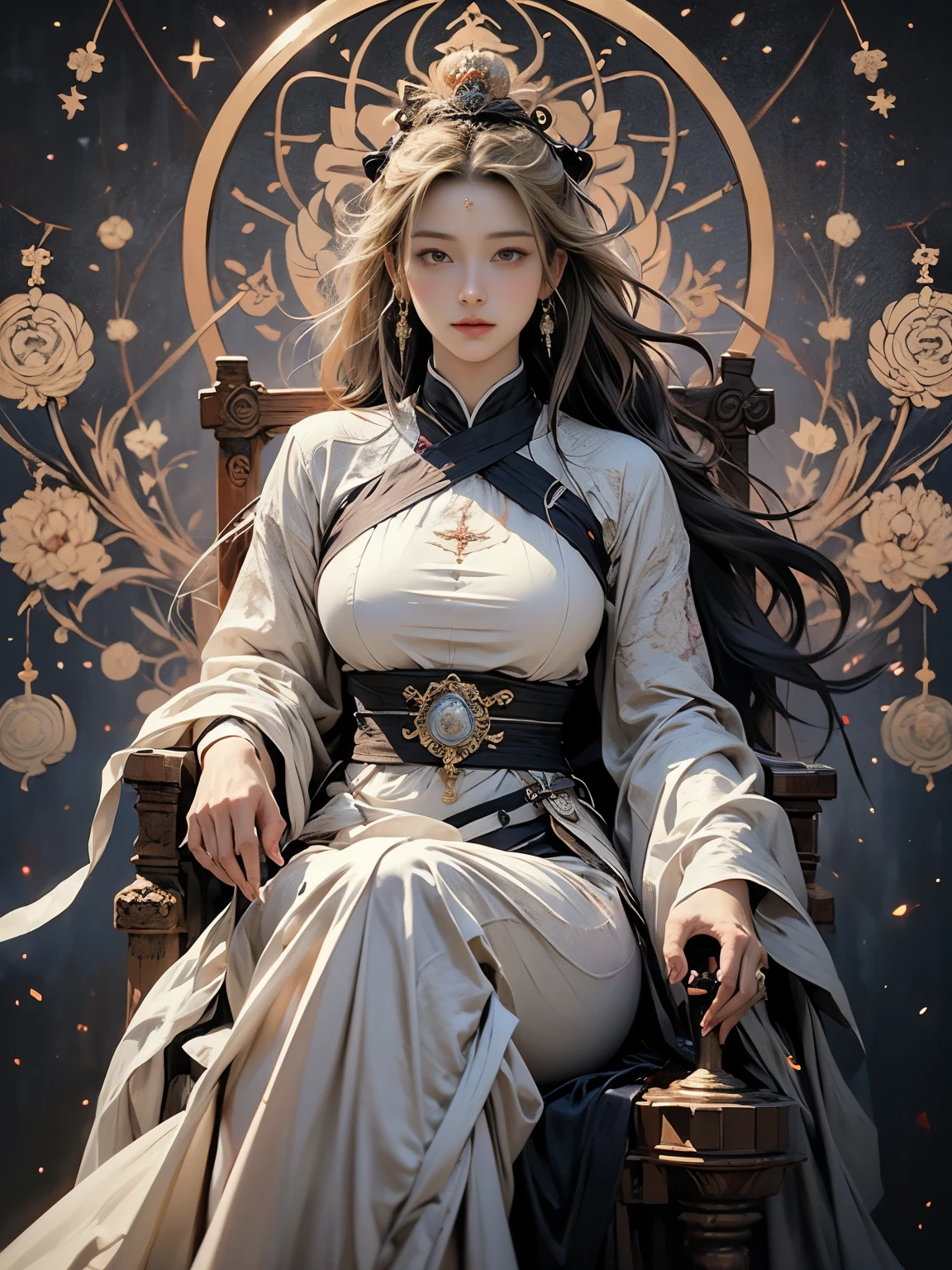 Zerg Queen Beautiful Girl: Ranlinger, 18 years old, emperor, Messy Hair, oil, Romanticism painting, beautiful Perfect Face, Soft Skin, Perfect Face, Yasutomo Oka's painting style, Big Breasts, Add light purple and purple, Add Light Red, Intricate details, Splash screen, 8K resolution, masterpiece, Serious, Space, (mysterious magic circle background, Buddhist Mandala:1.3), Colorful background, aura, Sharp Eyes, Break, Blonde, dynamic sexy poses, sweat, (Throne:1.3), Strong winds, Mr.々Light source, Colorful light, Crystal Jade, Celestial globe, Four Holy Beasts, constellation, cristal ball, (lion:1.2)