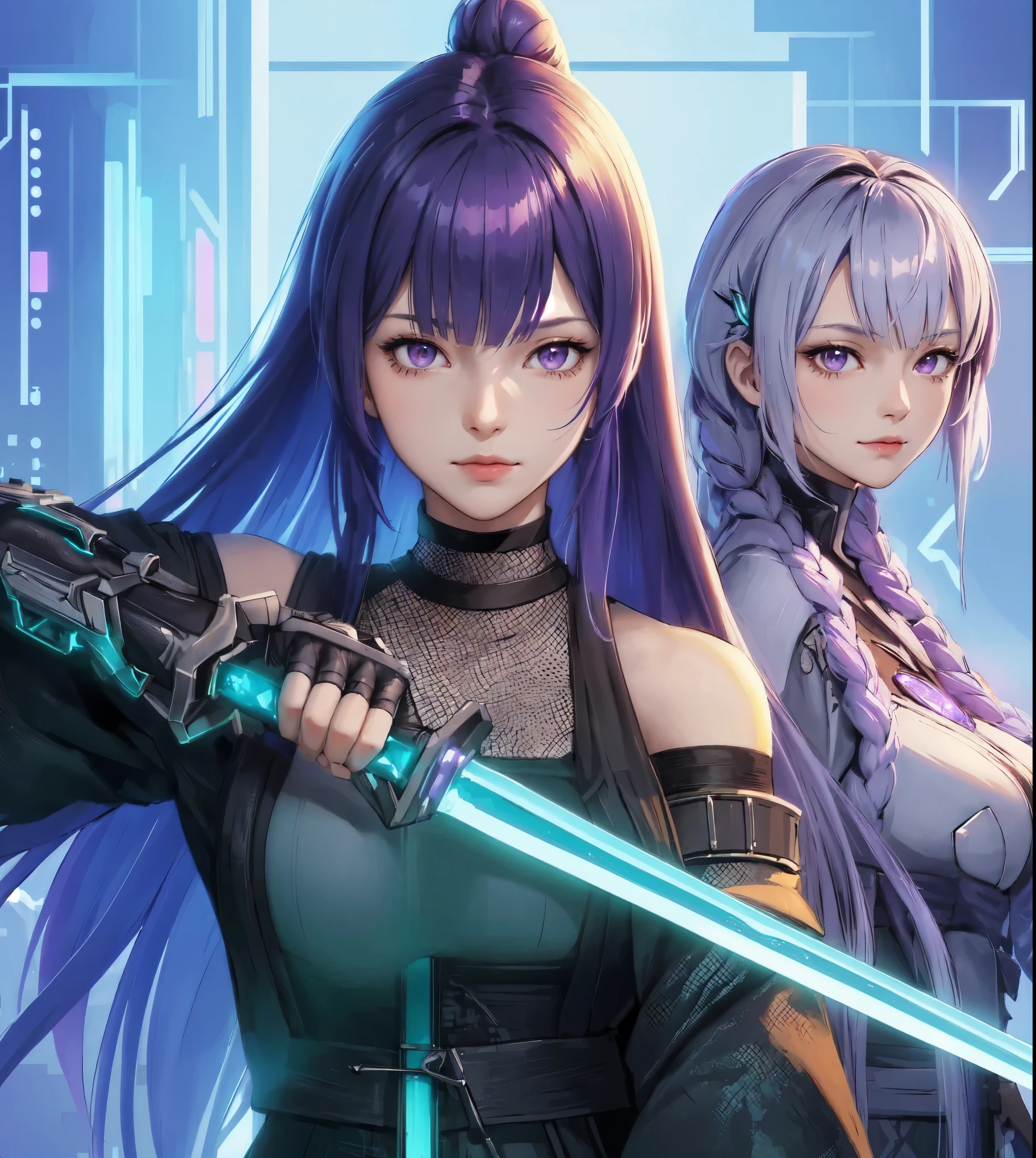 2ladies standing, (futuristic costume) (stylish outfit), mature female, cool expression, (light smile:0.8), dignified, (masterpiece best quality:1.2) delicate illustration ultra-detailed, large breasts BREAK 1lady, (holding Japanese sword), (dynamic posing), (indigo straight hair) bangs, (gradient hair) green, glove BREAK 1lady, (silver long hair) bangs, (twin braid), (gradient hair) purple, purple eyes BREAK (holding futuristic katana sword), (blade shimmering) BREAK (futuristic game world), dimly lit, danger, sharp lighting, detailed background