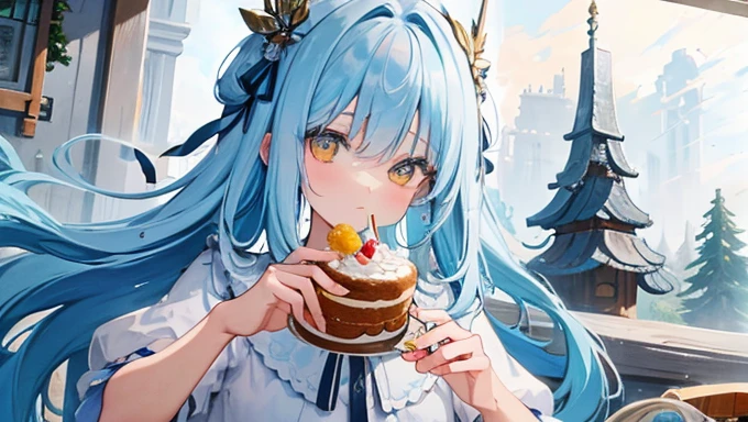 (Masterpiece,Highest quality),(Maximum details),(eye details),(hand details),woman,,long hair,light blue hair,yellow eyes,Cute face,beard,cry,Wear a white short-sleeved shirt,Wear short jeans,Has a gray upper coat.,action,eating cake,Decorations,tree,table,chair,backdrop,cafe,in hand holding a fork