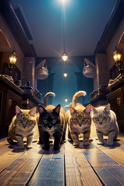 A group of cats looking at camera, each cat has it's own traits and looks different from the others, some colorful magic background, light come from the top as if the entire scene was lighted with a theatrical follower