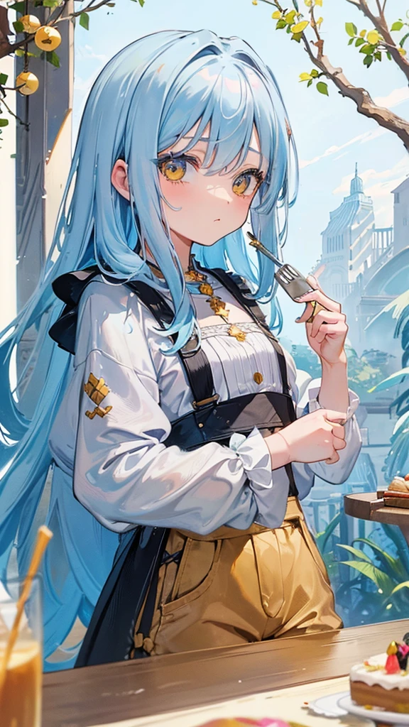 (Masterpiece,Highest quality),(Maximum details),(eye details),(hand details),woman,10 years old,long hair,light blue hair,yellow eyes,Cute face,beard,cry,Wear a white short-sleeved shirt,Wear short jeans,Has a gray upper coat.,action,eating cake,Decorations,tree,table,chair,backdrop,cafe,in hand holding a fork