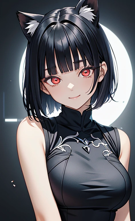 (masterpiece:1.4、top-quality、illustration)、(character focus、,upper body:1.3)、(face:1.5),(from above),(1girl),(Gentle face:1.2),(Beautiful eyes:1.4),cute face,(red eyes:1.3)、(tareme:1.3)、(crazy eyes:1.3),(half closed eyes:1.3)、
),(stand:1.4),、(Gentle smile:1.2),(head tilt:1.3),
(blue black hair),(short hair:1.5)、
,(glowing eyes:1.3),（sleeveless turtleneck china dress:1.5),
(blunt bangs),(sidelocks:1.3), (large breasts)、
、slender、zydG