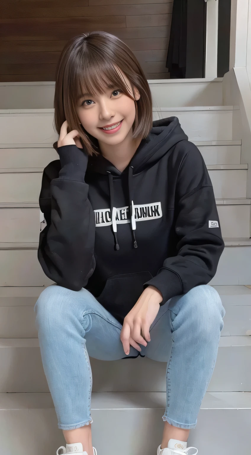 highest quality, Realistic, Very detailed, Finer details, High resolution, 8k wallpaper, One beautiful woman,Sit on the stairs、（Wear black socks）smile、（Beautiful teeth alignment、）（Gums are visible） Oversized hoodie, Skinny jeans,（ Black sneakers）、Black Hair、 Beautiful Bangs、ear piercing、Perfect dynamic composition, Beautiful and detailed, Full Body Shot, A big smile brown hair