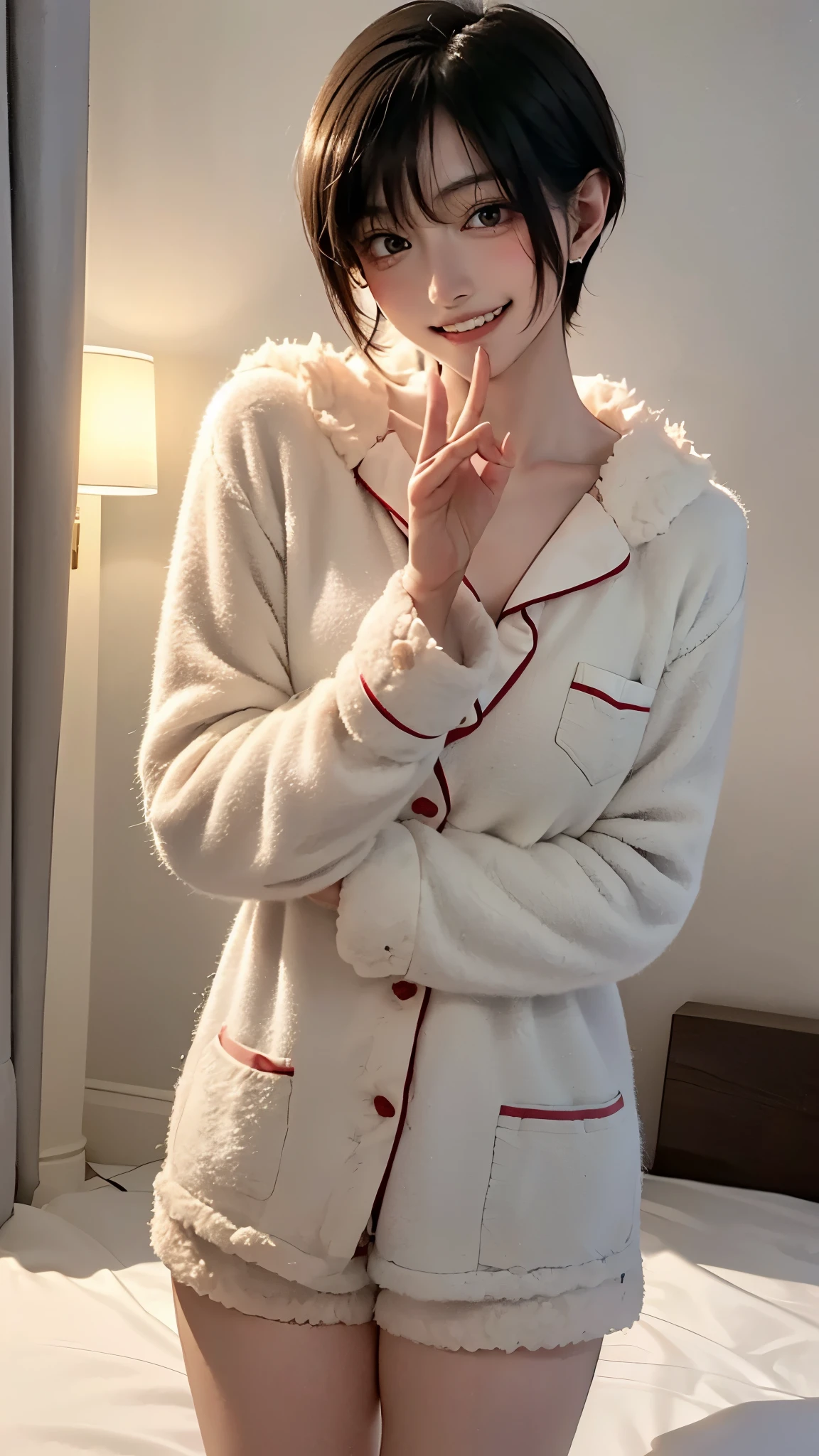 1 girl、alone、masterpiece,highest quality,High resolution,Very detailed, Earrings,Big cleavage、,
Cute pose、(((Grin))), (Cute little devil smile:1.2),
Blonde pixie short hair、
(((Accurate 5-finger)))、Accurate human body、The perfect human body、((Captivating smile ))、
(((All of these pajamas are made from fluffy nylon wool fleece material.:1.8, zetai ryoiki, Mini shorts:1.3, Thick white horizontal stripes))),
(Love hotel bedroom:1.5), Dark Room、indoor、Detailed Background、