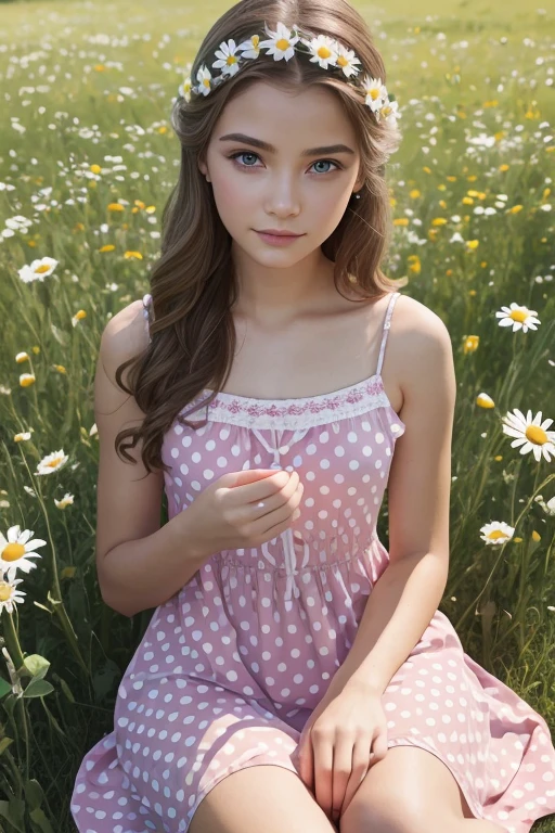 A girl with flowers in her hands, fortune-telling with a daisy, a 16-year-old girl, Russian girl, sitting in a meadow with daisies, light polka dot sundress, makeup artists doing makeup for celebrities, (best quality, 4k, 8k, highres, masterpiece:1.2), ultra-detailed, (realistic, photorealistic, photo-realistic:1.37), oil painting, extremely detailed eyes and face, long eyelashes, portraits, vivid colors, soft natural lighting