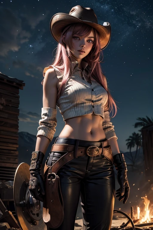 neopolitan, neopolitan, long hair, brown hair, (brown eyes:1.3), pink hair, multicolored hair, pink eyes, two-tone hair, (heterochromia:1.2), split-color hair, BREAK gloves, hat, navel, brown eyes, detached sleeves, midriff, belt, pants, white gloves, black headwear, bowler hat, BREAK outdoors, night, stars, moon, post-apocalypse, dystopian future, arena, broken ground, stream, (crowd in military uniforms), bonfires, BREAK looking at viewer, (cowboy shot:1.5), BREAK (masterpiece:1.2), best quality, high resolution, unity 8k wallpaper, (illustration:0.8), (beautiful detailed eyes:1.6), extremely detailed face, perfect lighting, extremely detailed CG, (perfect hands, perfect anatomy),