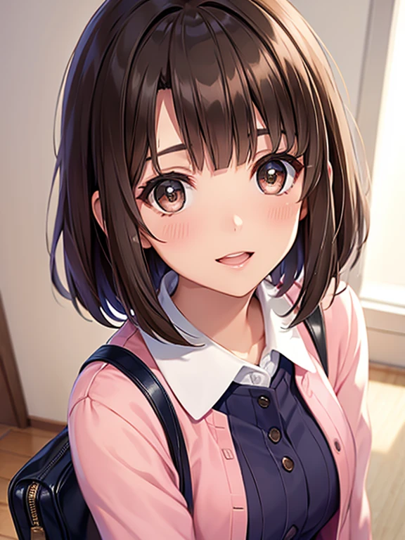 (masterpiece:1.6, highest quality),katou megumi、Shiny brown hair, short hair, Beautiful brown eyes、smile、Sparkling eyes, (Fine grain)、Ultra-detailed eyes、Highly detailed face, Highly detailed eyes,
 (Beautiful, detailed eyes: 1.2),  
solo , One girl, alone, Brown Hair, short hair, Brown eyes, , Open your mouth, handbag, bangs,  blush, Pink Cardigan,