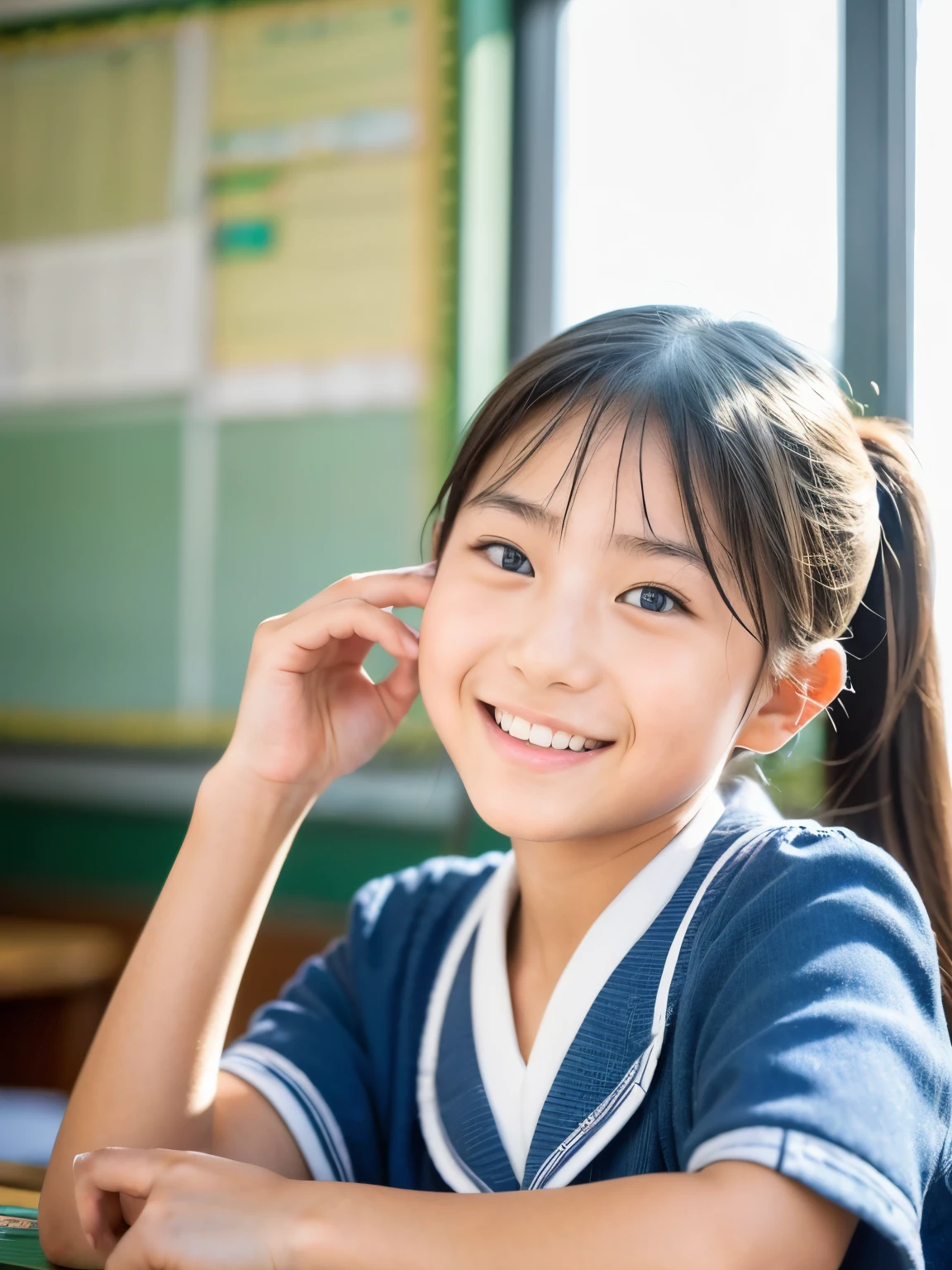 lens: 135mm f1.8, (highest quality),(RAW Photos), (Tabletop:1.1), (beautiful 12 year old japanese girl), Cute Face, (Deeply chiseled face:0.7), (freckles:0.4), dappled sunlight, Dramatic lighting, (Japanese School Uniform), (In the classroom), shy, (Close-up shot:1.2), (smile), (sunlight), ponytail