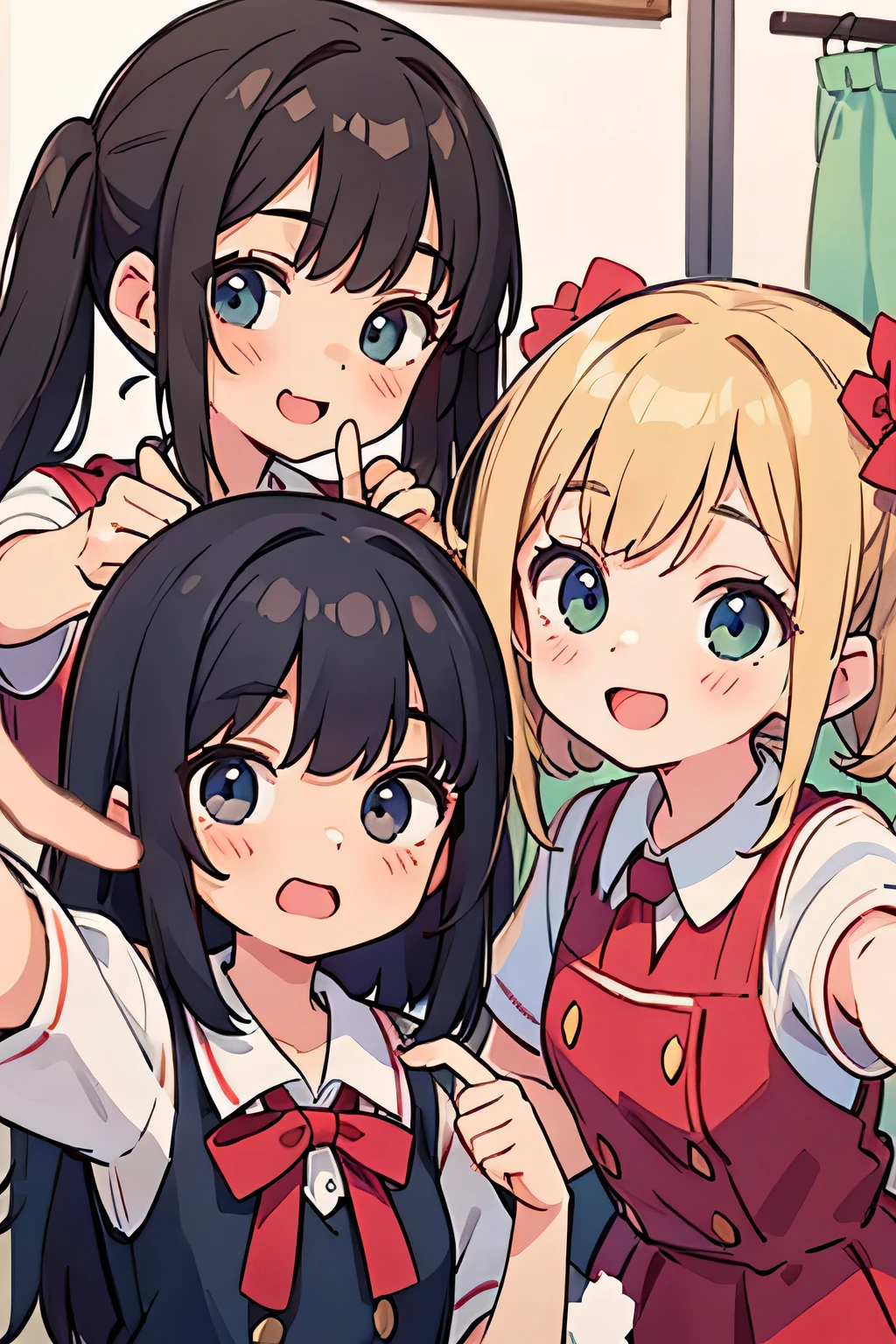 highest quality、High resolution、Detailed Background、(Beautiful face in every detail:1.4)、Anatomically correct、(Hide your fingers:1.3)、(Detailed facial expressions)、(Detailed eyes:1.2)、age beauty、(Highly detailed face:1.4)、Cute hair colour、Braided twin tails、well-groomed eyebrows、Cute JK Uniform、Cute gestures、(Changing clothes in the fitting room)、In a joking manner、A big smile、(Three beautiful girls happily taking a selfie with their friends:1.5)