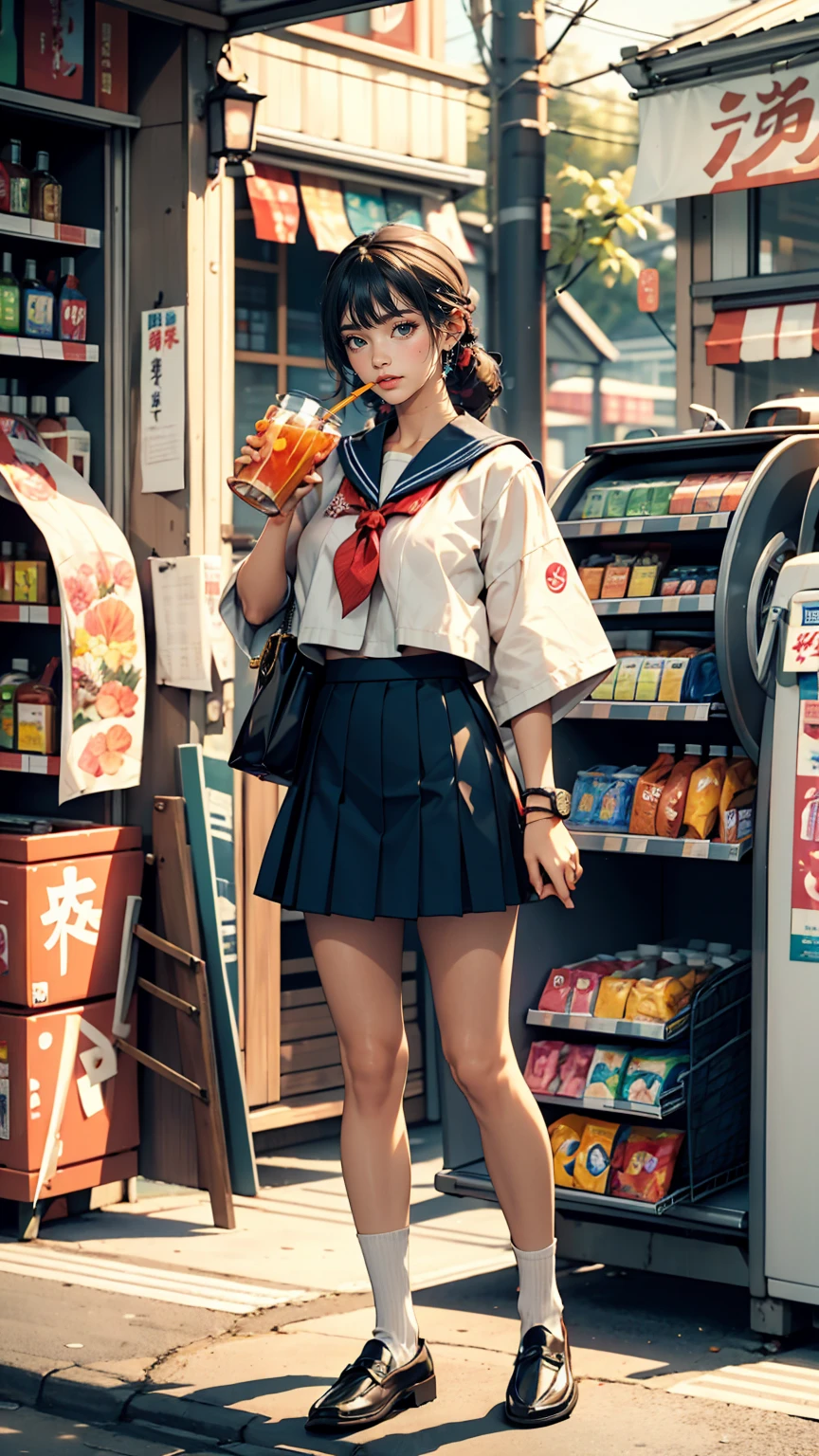 Japanese 、mini skirt、loafers、Sailor suit、In front of the convenience store、Drinking juice through a straw
