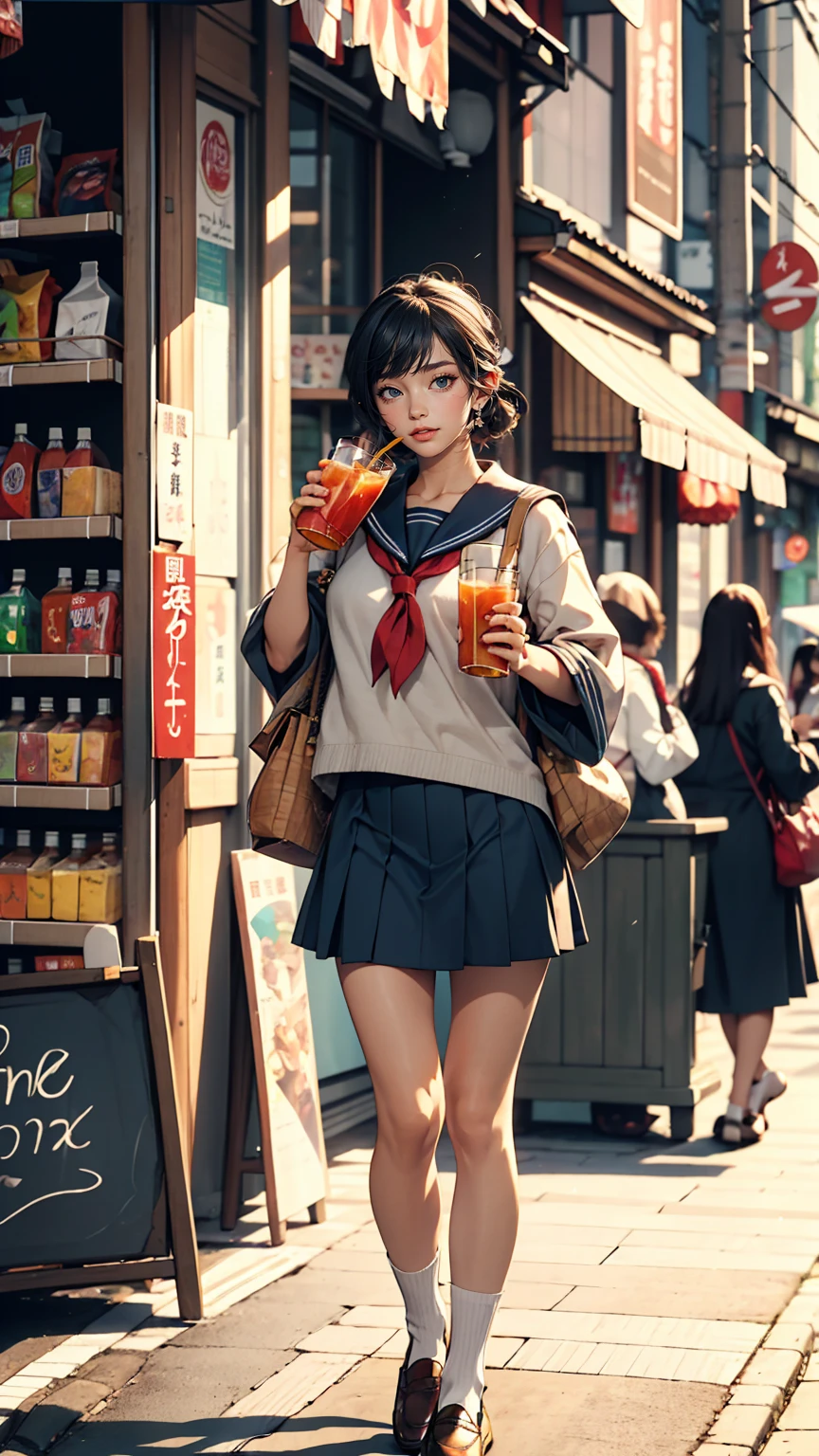 Japanese 、mini skirt、loafers、Sailor suit、In front of the convenience store、Drinking juice through a straw