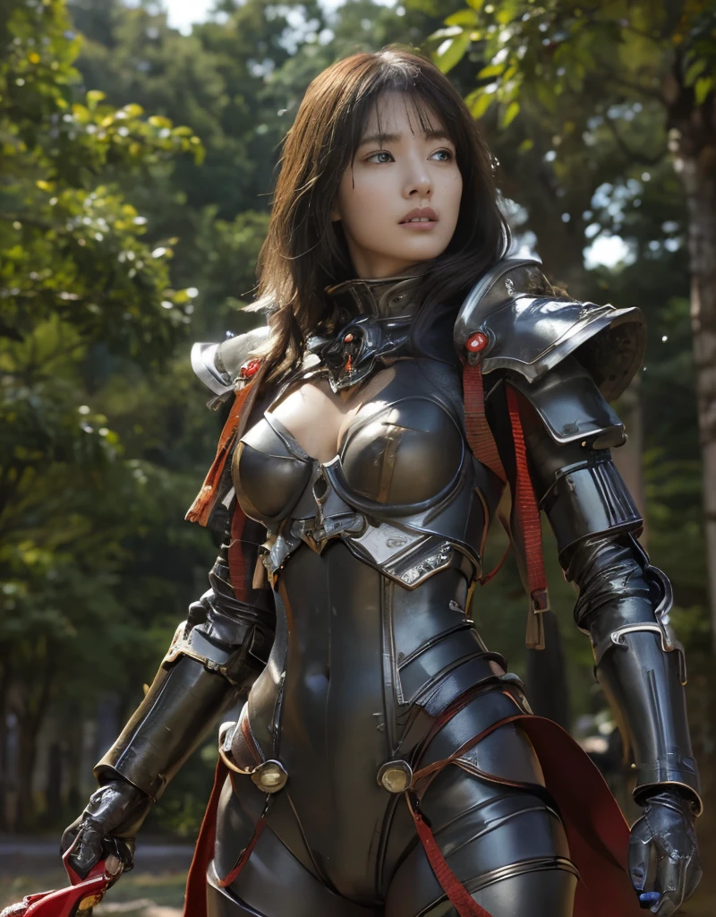 ()、top-quality、masterpiece、超A high resolution、(Photorealsitic:1.4)、Raw photo、1 girl、Fight mutantystical expression)、glowy skin、(((1 Mechanical Girl)))、With a beautiful knife、(Detailed Silver Metal Bodysuit)、(Detailed Goblin、ogre、Fierce battle with orcs),(Fight fiercely against aliens)、Fight fiercely、(beautiful forest background)、(Fighting Demonic Beasts)、(Small LED)、((super realistic details))、portlate、(Strong giant demon beast background),globalillumination、Shadow、octan render、8K、ultrasharp、Colossal 、Raw skin is exposed in cleavage、metals、Details of complex ornaments、Japan details、highly intricate detail、Realistic light、(Mystical expression),CGSoation Trends、Blue eyes、radiant eyes、Facing the camera、neon detailechanical limbs)、(blood vessels connected to tubeechanical vertebrae attached to the back、mechanical cervical attaching to neck、(Wires and cables connecting to the head)、Gundam、Small LED、,Mechanical thighs、Toostock、(Hands are also made of machines)、(Attack of the Monster Beasts)、(Wounded in a deadly battle)、