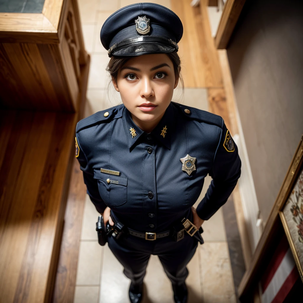 A policewoman, dressed as a policeman, cop suit, ordinance hat, stars, badge, handcuffs, gun, pants. (YES SFW).

Complete dressed, wearing uniform, sfw,
((full body)), ((well drawn anatomy)), good hands, high-res, perfect hands, top-quality, Photorealistic, A hyper-realistic, realistic hands, perfectly symmetrical face, detailed skin, 

vivid colours, wide angle lens, HDR, hard shadows, art photography, soft focus, masterpiece, breathtaking, atmospheric perspective, diffusion, pore correlation, skin imperfections, 80mm Sigma f2, depth of field, intricate natural red lighting, wide angle,

(Best quality, 8k, High Resolution, Masterpiece:1.2), ultra-detailed, (realistic, photorealistic, photo-realistic:1.37), ((Best quality)), ((Masterpiece)), (detailed), looking up from the bottom, (wide angle), (top_view_perspective:1.3), [photographing from above, high angle shot, realistic view from above, (Overhead view:1.20), top view, looking up from the bottom, (wide angle), (top_view_perspective:1.3)]