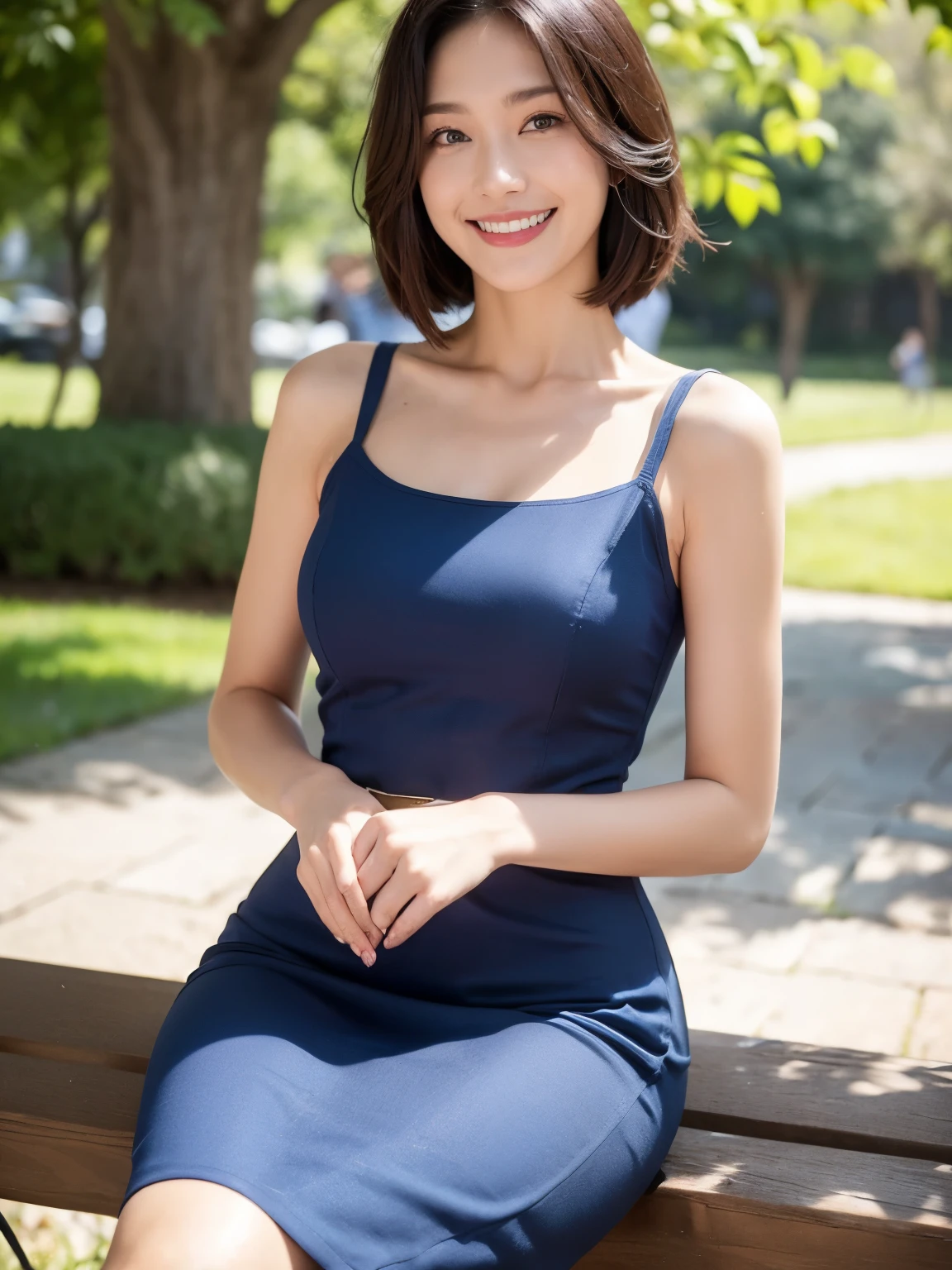 最high quality, In 8K, Masseter region, Vibrant, Sharp focus, high quality, High resolution, Detailed face, fine grain, Thick lips, (Looking at the audience), alone, Beautiful woman, 38 years old, plum, Short black hair, (Blue open neck thin strap dress:1.5), afternoon、In front of the garden in the park,(Sit on a bench:1.5)、((smile:1.5))