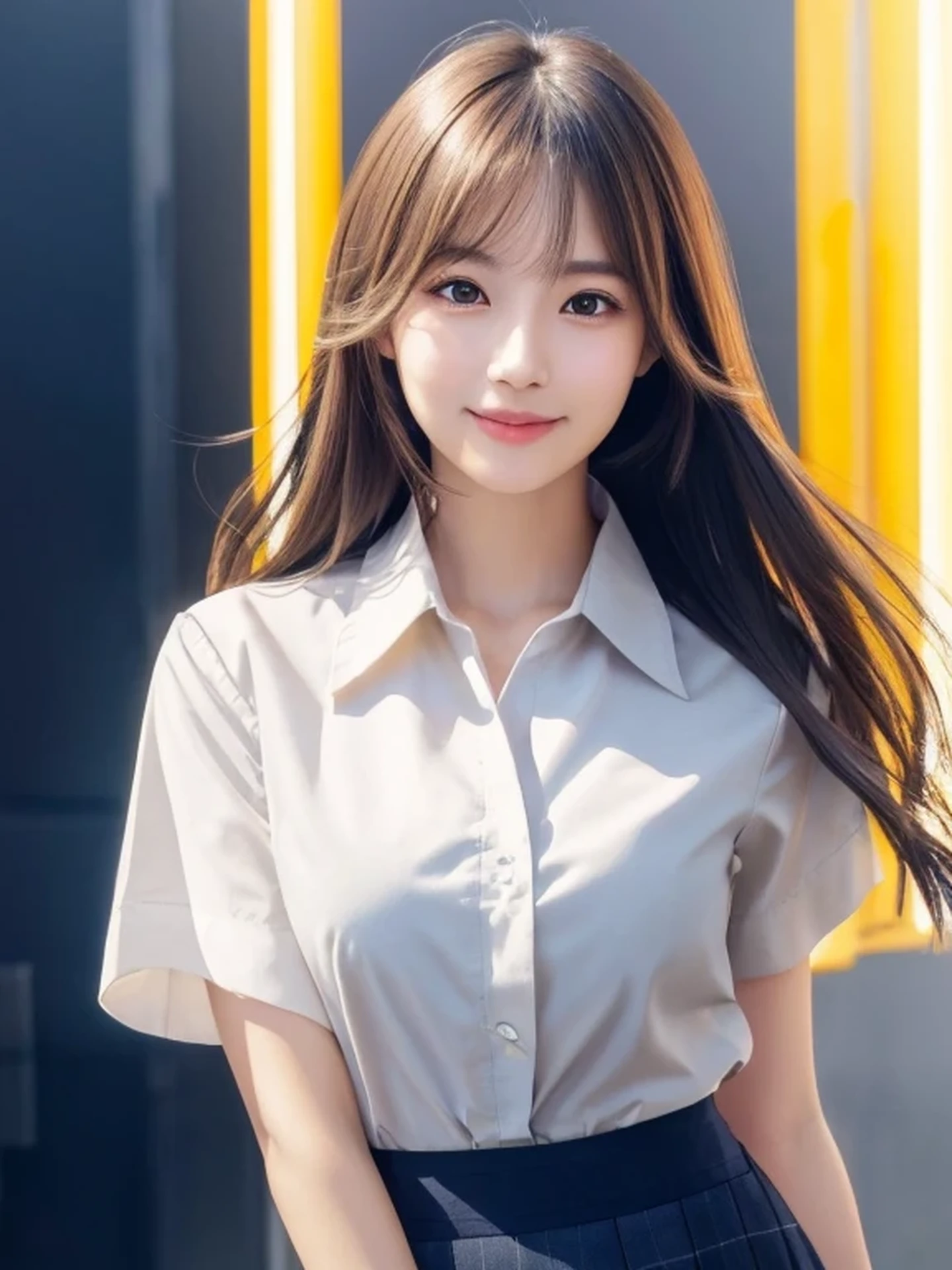 Beautiful Japanese Woman, Soft skin and a nice perfect face, A small face with a nose and rosy lips, Beautiful Eyes, Beautiful smile. black, Surrounded by a bright, ethereal glow、Thin, long, beautiful hair. A loose, medium hairstyle with gradation highlights and layers of greyish beige, Navy band collar shirt x yellow houndstooth flare skirt, Bright neon colorful background, Hyperrealistic female photos, High quality high resolution 8K masterpiece