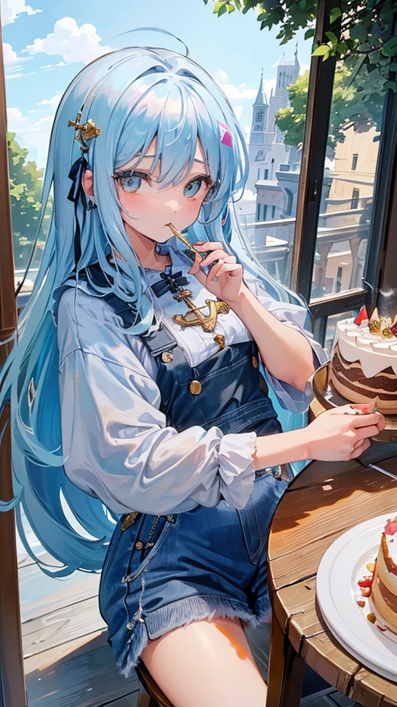 (Masterpiece,Highest quality),(Maximum details),(eye details),(hand details),woman,10 years old,long hair,light blue hair,yellow eyes,Cute face,beard,cry,Wear a white short-sleeved shirt,Wear short jeans,Has a gray upper coat.,action,eating cake,sit,Decorations,tree,table,chair,backdrop,cafe,in hand holding a fork,full body image