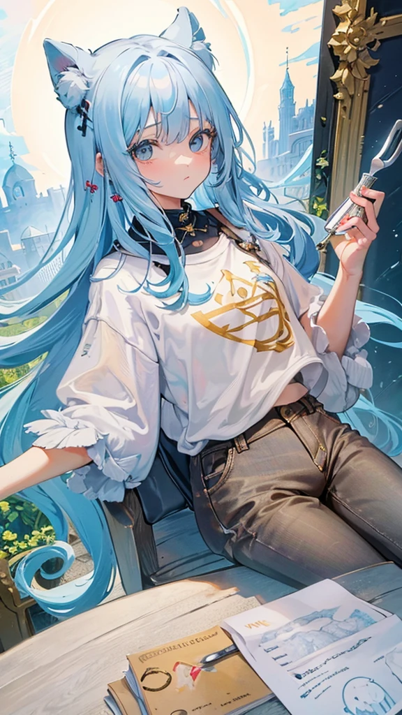 (Masterpiece,Highest quality),(Maximum details),(eye details),(hand details),woman,,long hair,light blue hair,yellow eyes,Cute face,beard,cry,Wear a white short-sleeved shirt,Wear short jeans,Has a gray upper coat.,action,eating cake,sit,Decorations,tree,table,chair,backdrop,cafe,in hand holding a fork,full body image