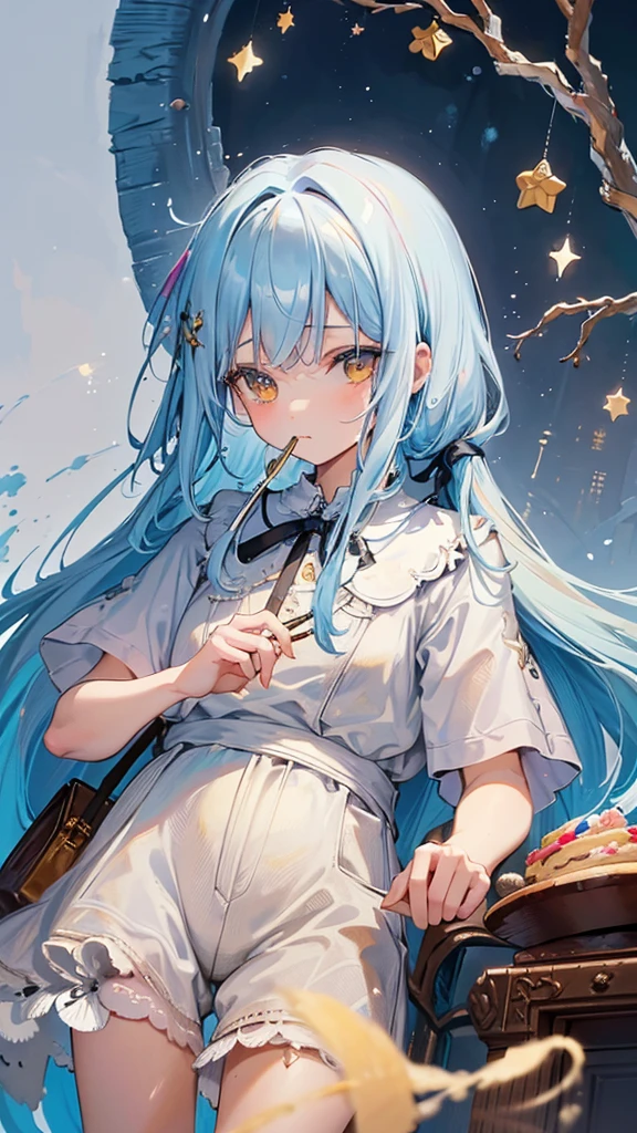 (Masterpiece,Highest quality),(Maximum details),(eye details),(hand details),woman,10 years old,long hair,light blue hair,yellow eyes,Cute face,beard,cry,Wear a white short-sleeved shirt,Wear short jeans,Has a gray upper coat.,action,eating cake,sit,Decorations,tree,table,chair,backdrop,cafe,in hand holding a fork,full body image