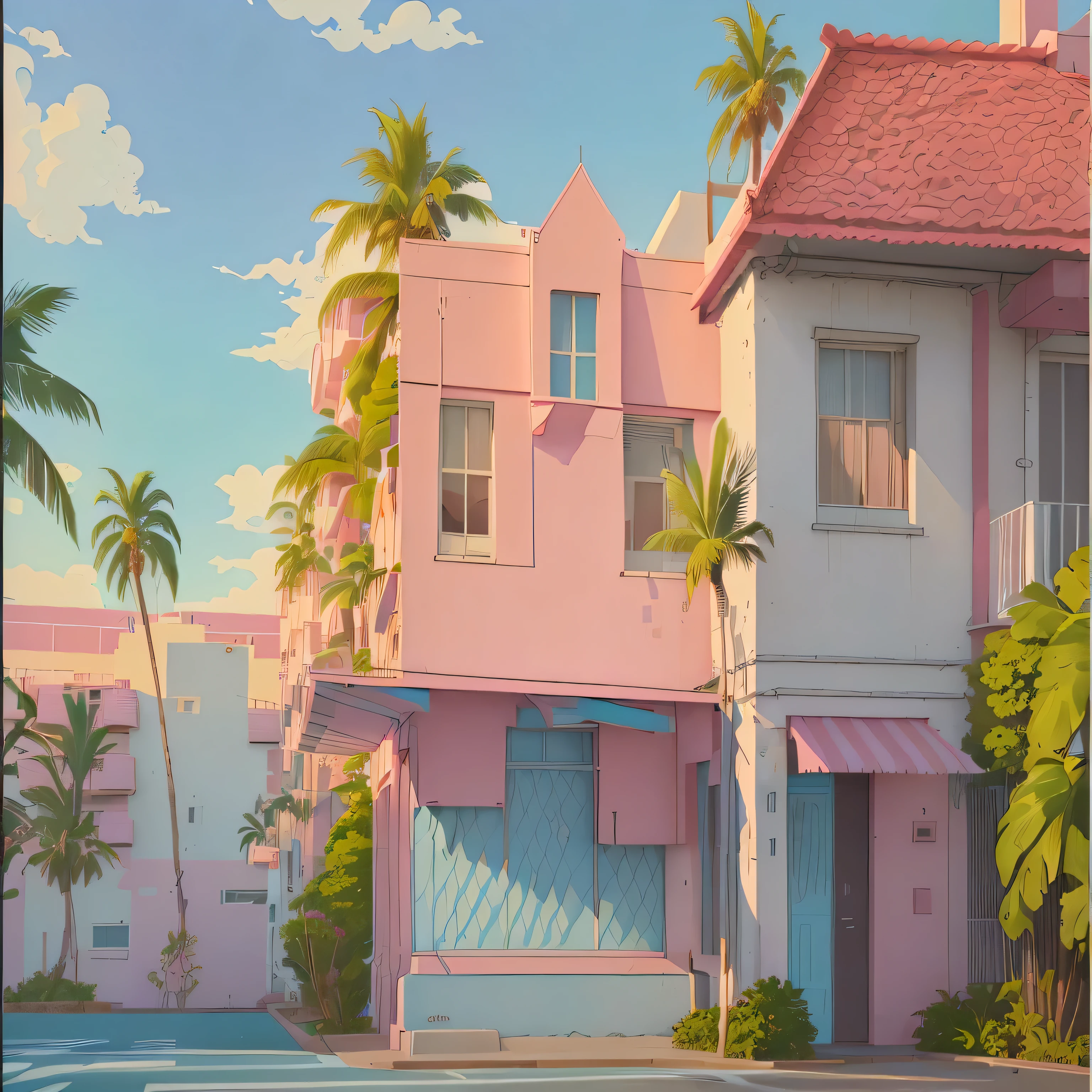 Illustration of a pink building with pink awnings and palm trees, Surpassing Art Deco Animation Aesthetics, animated wallpaper art, animated scenery concept art, compliment artstyle, compliment, rostran. scenic background, anime style cityscape, Just kidding, animated scenery, compliment colors, Writer: Seb MacKinnon, In the art style of 80's animation