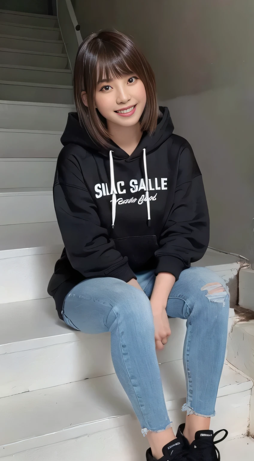 highest quality, Realistic, Very detailed, Finer details, High resolution, 8k wallpaper, One beautiful woman,Sit on the stairs、（Wear black socks）smile、（Beautiful teeth alignment、）（Gums are visible） Oversized hoodie, Skinny jeans,（ Black sneakers）、Black Hair、 Beautiful Bangs、ear piercing、Perfect dynamic composition, Beautiful and detailed, Full Body Shot, A big smile brown hair