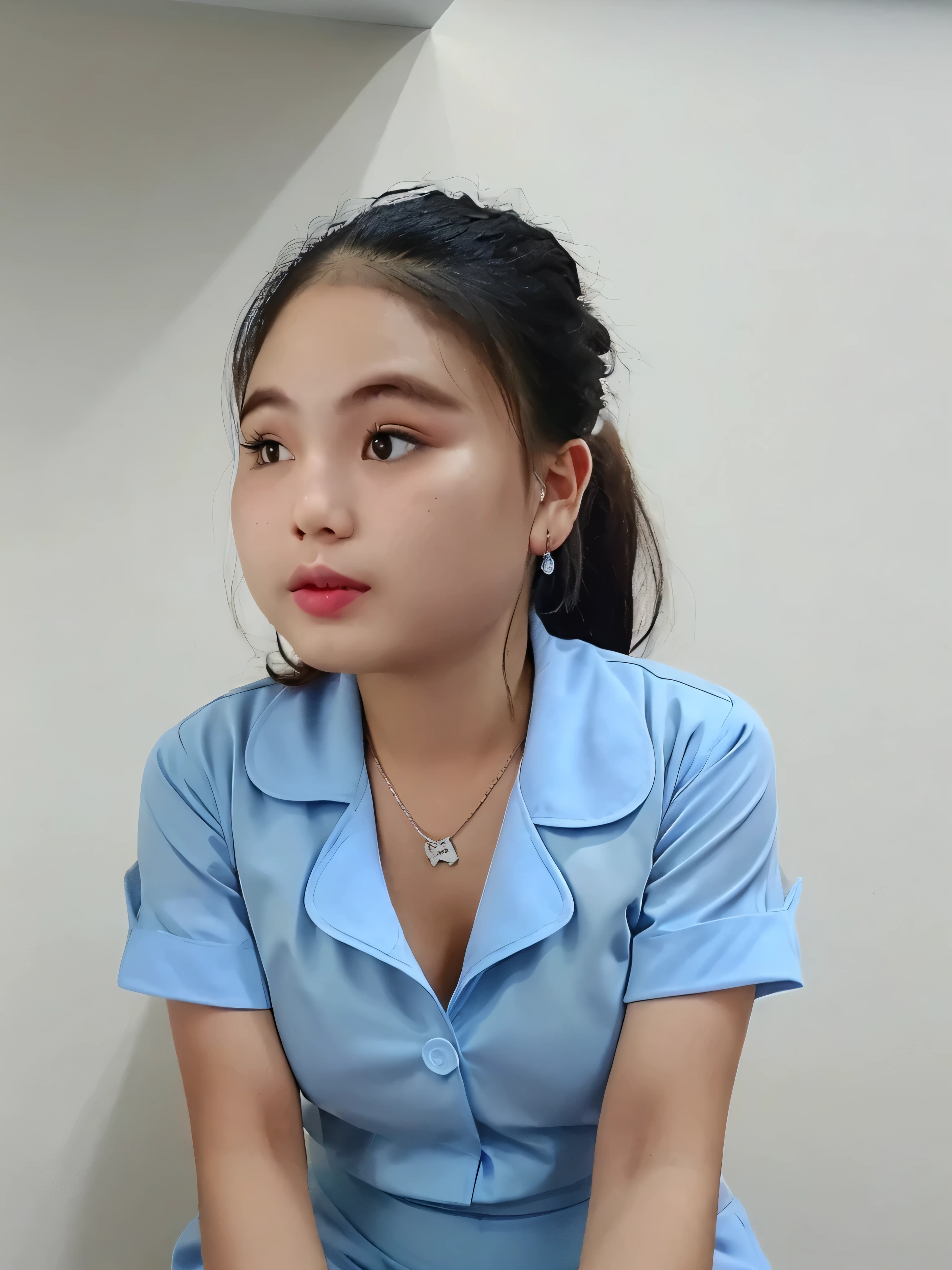 (8k, RAW photo, best quality, mastery:1.3), (realistic, photo-realistic:1.37), (looking viewer:1.331), posing Seductively, Sitting, living room, soft light, 1girl, perfect body, beautiful thighs, extremely beautiful face , slim body, smaller chest, brunette hair, long hair, smile, white shirt, short sleeves, blue mini skirt