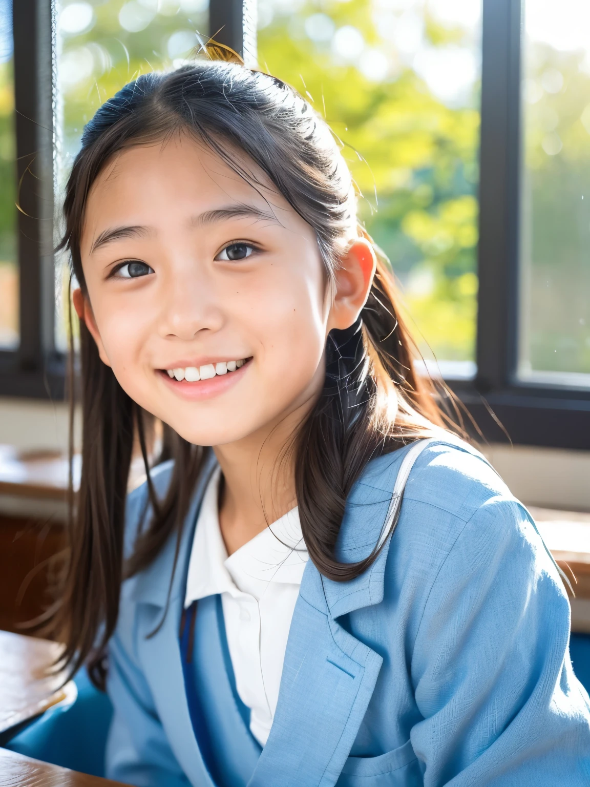 lens: 135mm f1.8, (highest quality),(RAW Photos), (Tabletop:1.1), (beautiful japanese girl), Cute Face, (Deeply chiseled face:0.7), (freckles:0.4), dappled sunlight, Dramatic lighting, (Japanese School Uniform), (In the classroom), shy, (Close-up shot:1.2), (smile), (sunlight), ponytail
