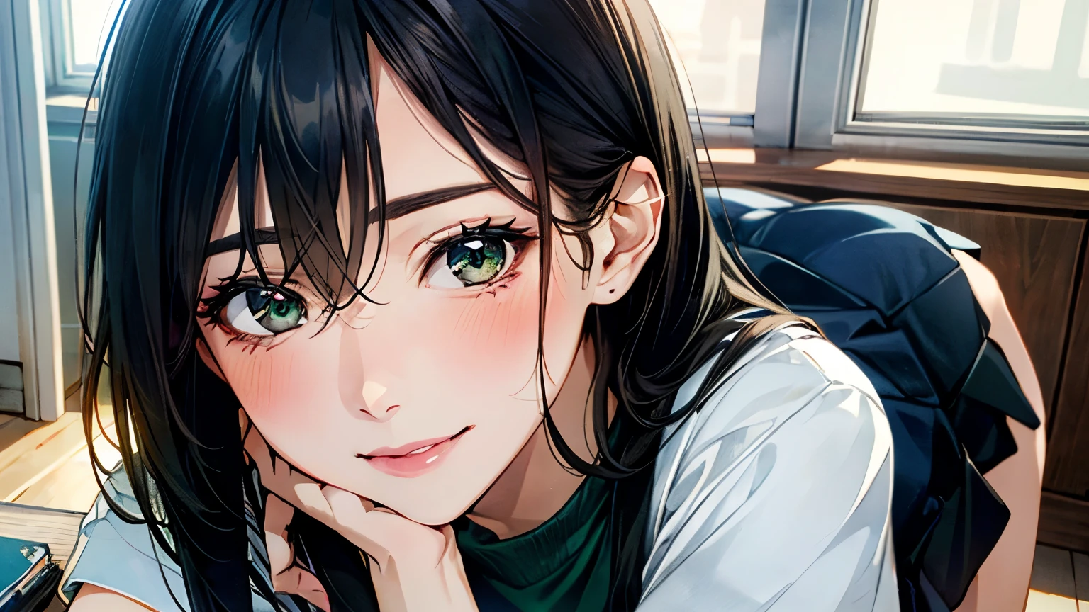 (masterpiece:1.3, highest quality, Ultra-high resolution, Super detailed), (Realistic, photoRealistic:1.4), Beautiful illustrations, Perfect lighting, Natural light, colorful, Depth of written boundary, 
View Viewer, whole body, Front view:0.6, 1 girl, 日Book語, office lady, 19 years old, Perfect Face, (Perfect Anatomy), Cute and symmetrical face, Baby Face, Shiny skin, , 
(Long Hair:1.7, Straight hair:1.2, Black Hair), Hair between the eyes, Emerald green eyes, Long Eyelashes, (Big Breasts:0.8), mini skirt,Bookを持っている,
Beautiful Hair, Beautiful Face, Beautiful fine details, Beautiful clavicle, Beautiful body, Beautiful breasts, Beautiful thighs, Beautiful feet, Beautiful fingers, 
((Short sleeve navy high neck sweater), ID card), 
(Beautiful views), Daytime, (Office Lounge),, (Smile, Half an eye, Lips parted),Bookを持っている,whole body,mini skirt,one person,whole body,Attractive legs,Book,Bookを読む