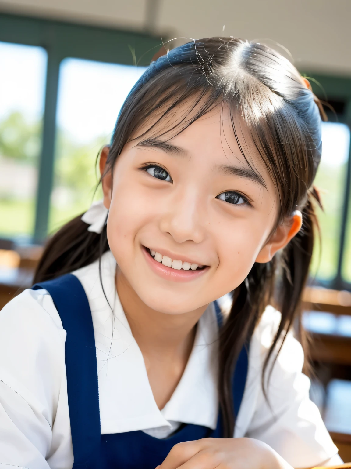 lens: 135mm f1.8, (highest quality),(RAW Photos), (Tabletop:1.1), (beautiful 12 year old japanese girl), Cute Face, (Deeply chiseled face:0.7), (freckles:0.4), dappled sunlight, Dramatic lighting, (Japanese School Uniform), (In the classroom), shy, (Close-up shot:1.2), (smile), (sunlight), ponytail