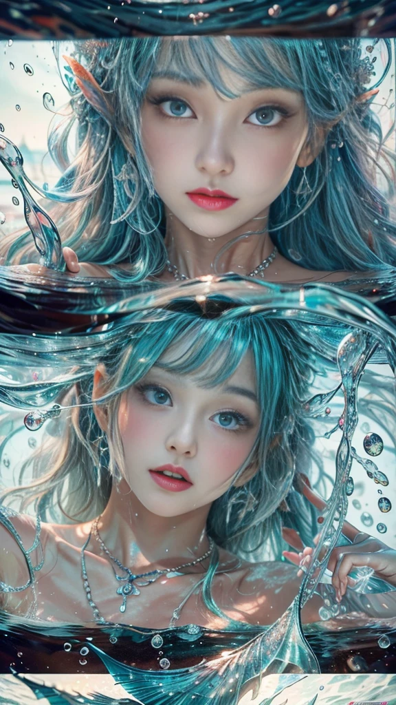 (RAW shooting, 32k:1.5, highest quality, masterpiece, Ultra-high resolution), (Under the sea at night:0.7, moonlight:0.7, Mystical Expressions:1.3, Expressions of sadness:1.0), Fractal Art:1.3, Perfect dynamic composition:1.3, 非常にdetailedな肌と顔の質感:1.3, (Dynamic flow of water waves:1.2, Slim Mermaid:1.2, Mermaid tail), Looking up at the audience, Fair skin:1.2, Incredibly slim body:1.2,Very beautiful face:1.1, Water droplets on the skin, detailed, (Rain drips down on my body:0.9, Wet body:0.9, Wet Hair:1.0), (Posing Pro:1.0, With a wet bouquet:0.9, Gorgeous blue shiny mermaid dress portrait:1.1, Woven Belt), Shapely breasts, (Big eyes that exude beautiful eroticism:0.5, Lips that exude beautiful eroticism:0.5), Totally captivates you, Very sweet atmosphere, necklace, Earrings, bracelet