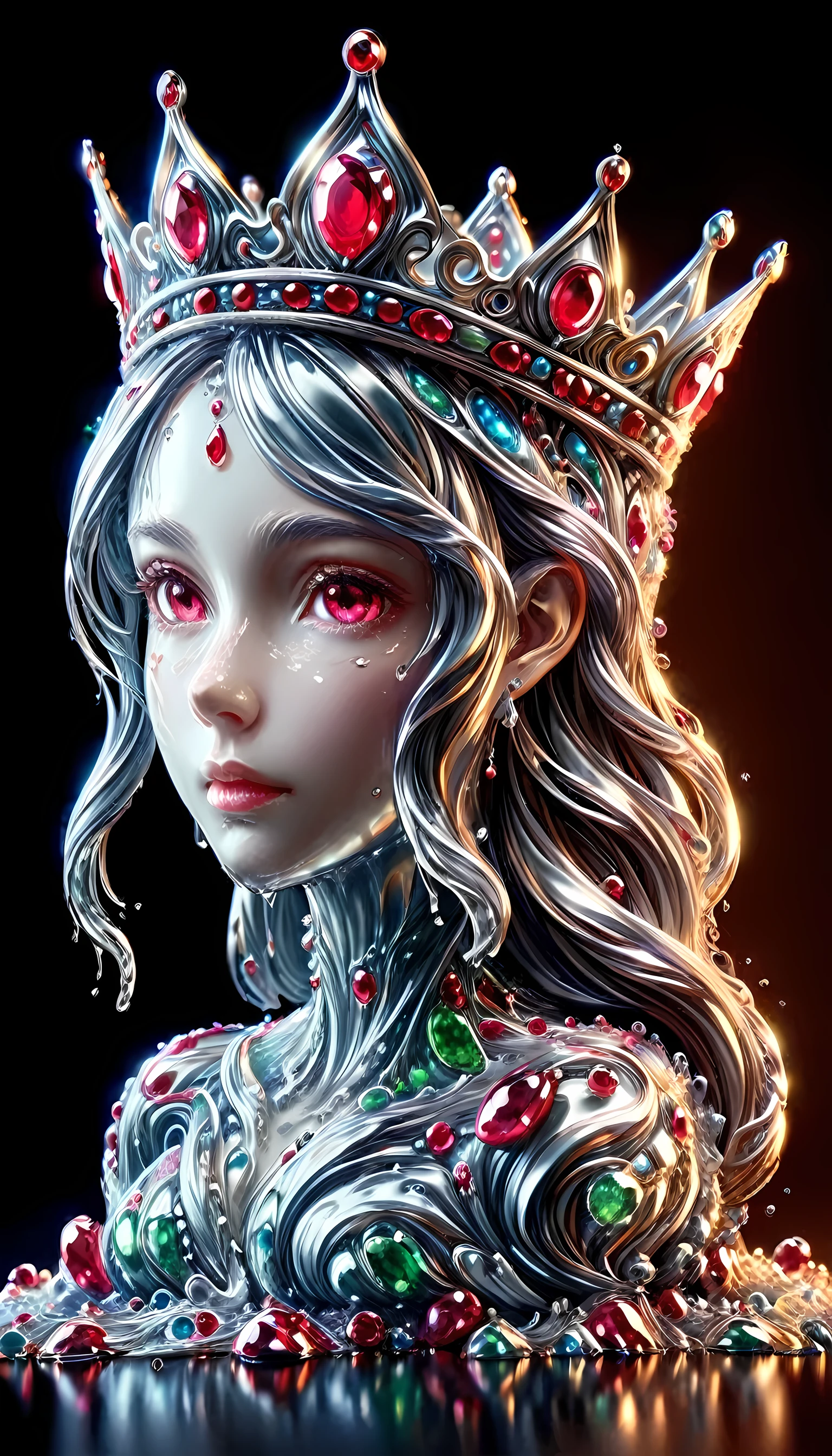 (liquid metal art: 1.5) LIQUID METAL a picture of jeweled crown ( (masterpiece, best detailed, best quality: 1.4), the crown is made from (gold: 1.2), (silver: 1.3), there are golden swirls watce, ( (masterpiece, best detailed, best quality: 1.2), there are silver swirls watce ( (masterpiece, best detailed, best quality: 1.2),  it is encrusted and decorated with (rubies: 1.3), emeralds: 1.3) and (opals: 1.3), dynamic background, close range picture,  ultra wide shot, photorealism, depth of field, hyper realistic, ral-ntrgmstn, watce, metallic, ais-moltenz