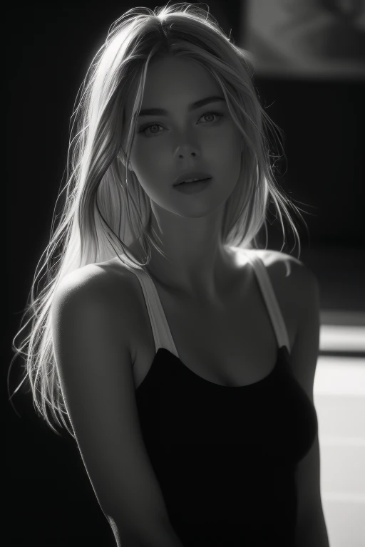 Portrait of a 25 year old girl, blend of (Alexis Dziena:1.1), (Maria Sharapova:1.3), (Jennifer Connelly:0.8), natural beauty, beautiful girl, black and white photography, hard contrast, hard shadows, t-shirt dress
