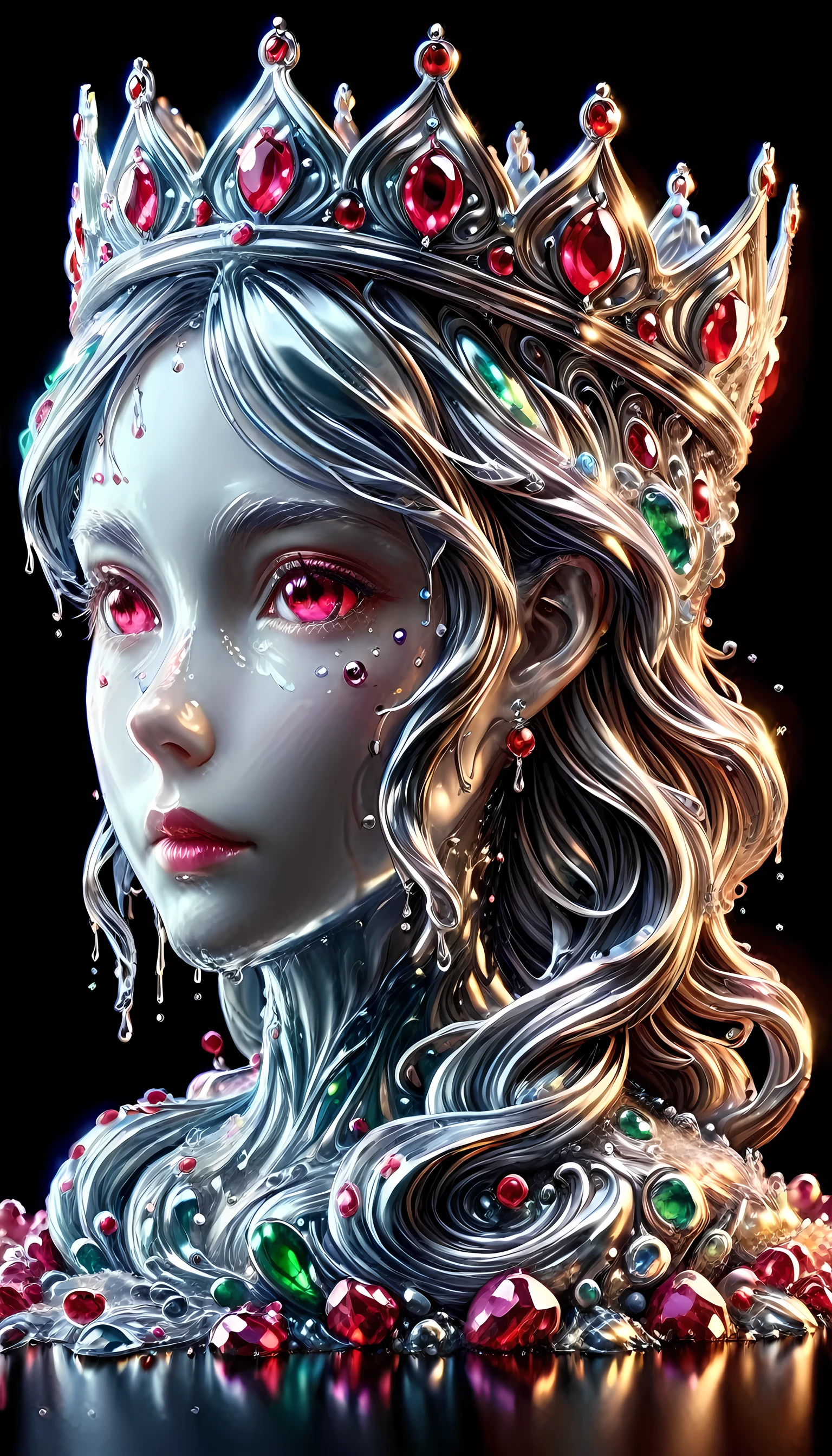 (liquid metal art: 1.5) LIQUID METAL a picture of jeweled crown ( (masterpiece, best detailed, best quality: 1.4), the crown is made from (gold: 1.2), (silver: 1.3), there are golden swirls watce, ( (masterpiece, best detailed, best quality: 1.2), there are silver swirls watce ( (masterpiece, best detailed, best quality: 1.2),  it is encrusted and decorated with (rubies: 1.3), emeralds: 1.3) and (opals: 1.3), dynamic background, close range picture,  ultra wide shot, photorealism, depth of field, hyper realistic, ral-ntrgmstn, watce, metallic, ais-moltenz