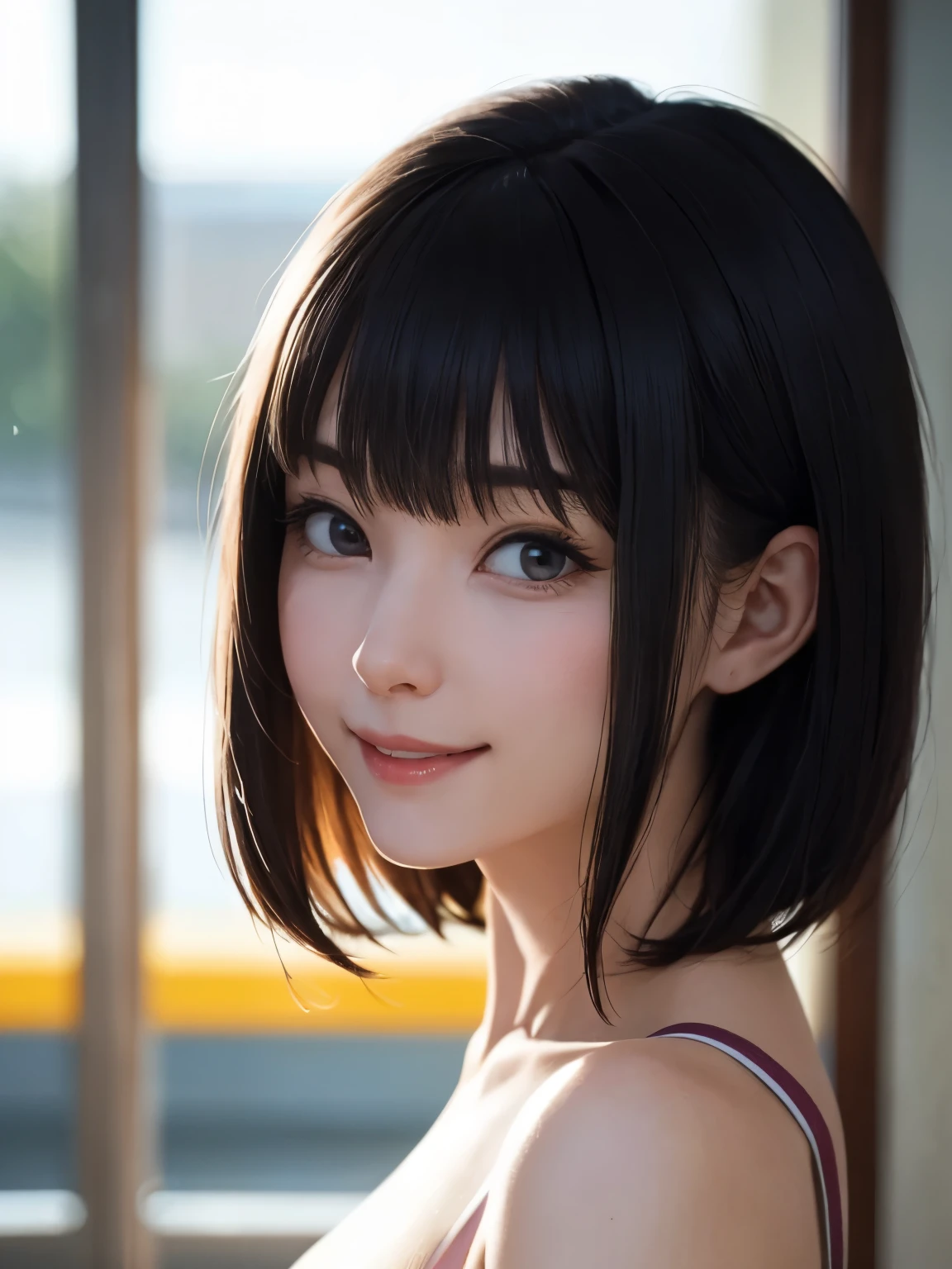1 girl、highest quality、Realistic、alone、Written boundary depth、Natural soft light、Daytime、charm、Beautiful Face、Cleanliness、Pure Face、White skin、cute、short hair、prohibit、Beach、Light of the sun、Nedium Breast Body Esbian、((セーターを着たBeautiful Faceの黄金比 対称性のあるBeautiful Face))、Long neck、Listen carefully、prohibitのあるきれいな短いボブヘア、Laugh with your mouth closed、Perfect hands指、Perfect hands、Perfect body、Perfect Face、Shine a light into your eyes、Perfect Anatomy:1.4、とてもcuteスーパーモデル:1.4、{Huge|big|Hugeな|Mega} chest:2, chestの谷間:2