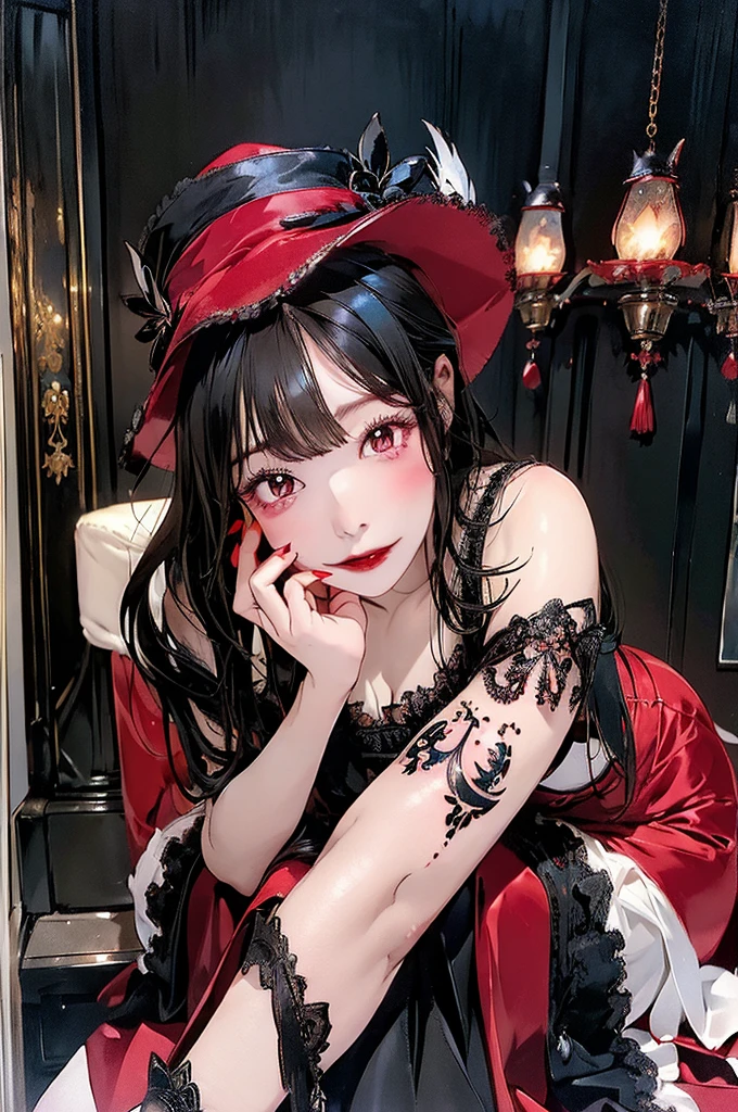 One woman、witch、((Luxurious room with fireplace))chandelier、Crimson long dress、Big feathered hat、Tall、Garter Stockings、Black underwear、(Sucking kissel)Fat body type ((Full body tattoos))((Highest quality))(Clear images)(Sit in a luxurious chair)