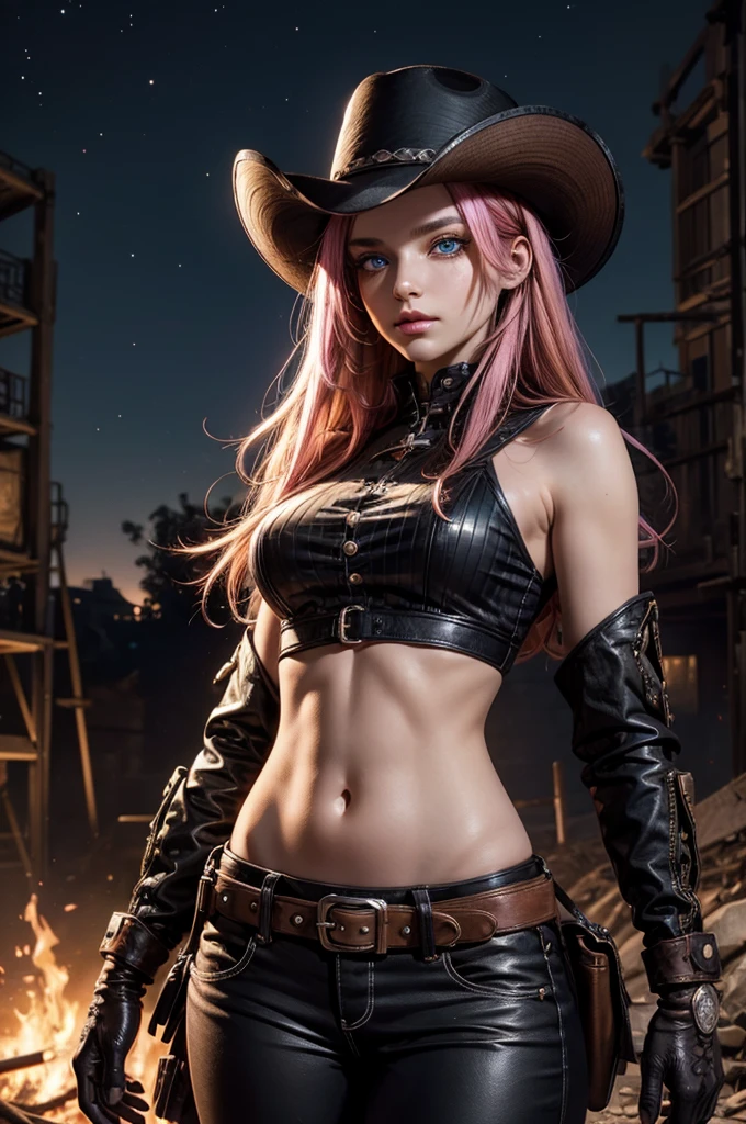 neopolitan, neopolitan, long hair, brown hair, (brown eyes:1.3), pink hair, multicolored hair, pink eyes, two-tone hair, (heterochromia:1.2), split-color hair, BREAK gloves, hat, navel, brown eyes, detached sleeves, midriff, belt, pants, white gloves, black headwear, bowler hat, BREAK outdoors, night, stars, moon, post-apocalypse, dystopian future, inside ruined stadium, broken ground, stream,  (crowd in military uniforms), bonfires, BREAK looking at viewer, (cowboy shot:1.5), BREAK (masterpiece:1.2), best quality, high resolution, unity 8k wallpaper, (illustration:0.8), (beautiful detailed eyes:1.6), extremely detailed face, perfect lighting, extremely detailed CG, (perfect hands, perfect anatomy),