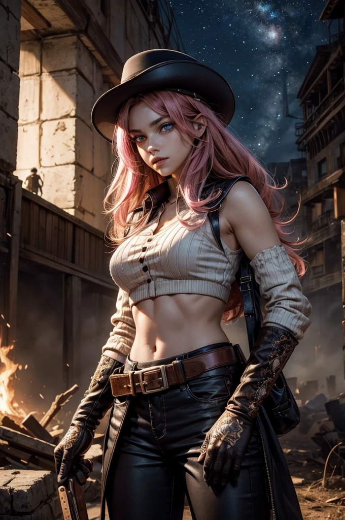 neopolitan, neopolitan, long hair, brown hair, (brown eyes:1.3), pink hair, multicolored hair, pink eyes, two-tone hair, (heterochromia:1.2), split-color hair, BREAK gloves, hat, navel, brown eyes, detached sleeves, midriff, belt, pants, white gloves, black headwear, bowler hat, BREAK outdoors, night, stars, moon, post-apocalypse, dystopian future, inside ruined stadium, broken ground, stream, (crowd in military uniforms), bonfires, BREAK looking at viewer, (cowboy shot:1.5), BREAK (masterpiece:1.2), best quality, high resolution, unity 8k wallpaper, (illustration:0.8), (beautiful detailed eyes:1.6), extremely detailed face, perfect lighting, extremely detailed CG, (perfect hands, perfect anatomy),