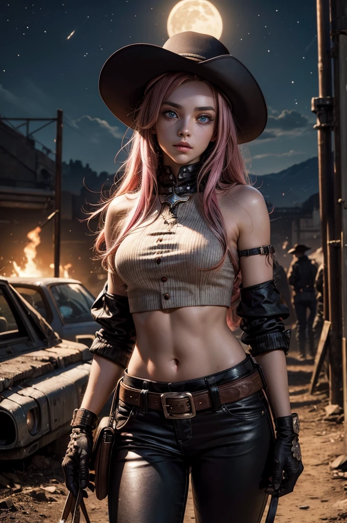 neopolitan, neopolitan, long hair, brown hair, (brown eyes:1.3), pink hair, multicolored hair, pink eyes, two-tone hair, (heterochromia:1.2), split-color hair, BREAK gloves, hat, navel, brown eyes, detached sleeves, midriff, belt, pants, white gloves, black headwear, bowler hat, BREAK outdoors, night, stars, moon, post-apocalypse, dystopian future, inside ruined stadium, broken ground, stream, (crowd in military uniforms), bonfires, BREAK looking at viewer, (cowboy shot:1.5), BREAK (masterpiece:1.2), best quality, high resolution, unity 8k wallpaper, (illustration:0.8), (beautiful detailed eyes:1.6), extremely detailed face, perfect lighting, extremely detailed CG, (perfect hands, perfect anatomy),