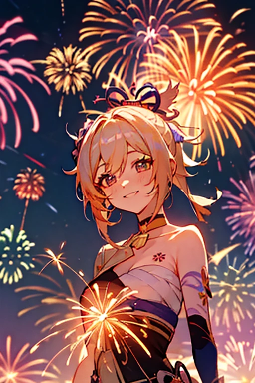 Yoimiya from Genshin Impact beaming with happiness with a starry night sky with violet and blue hues in the background with colourful fireworks, the light reflecting off her skin
