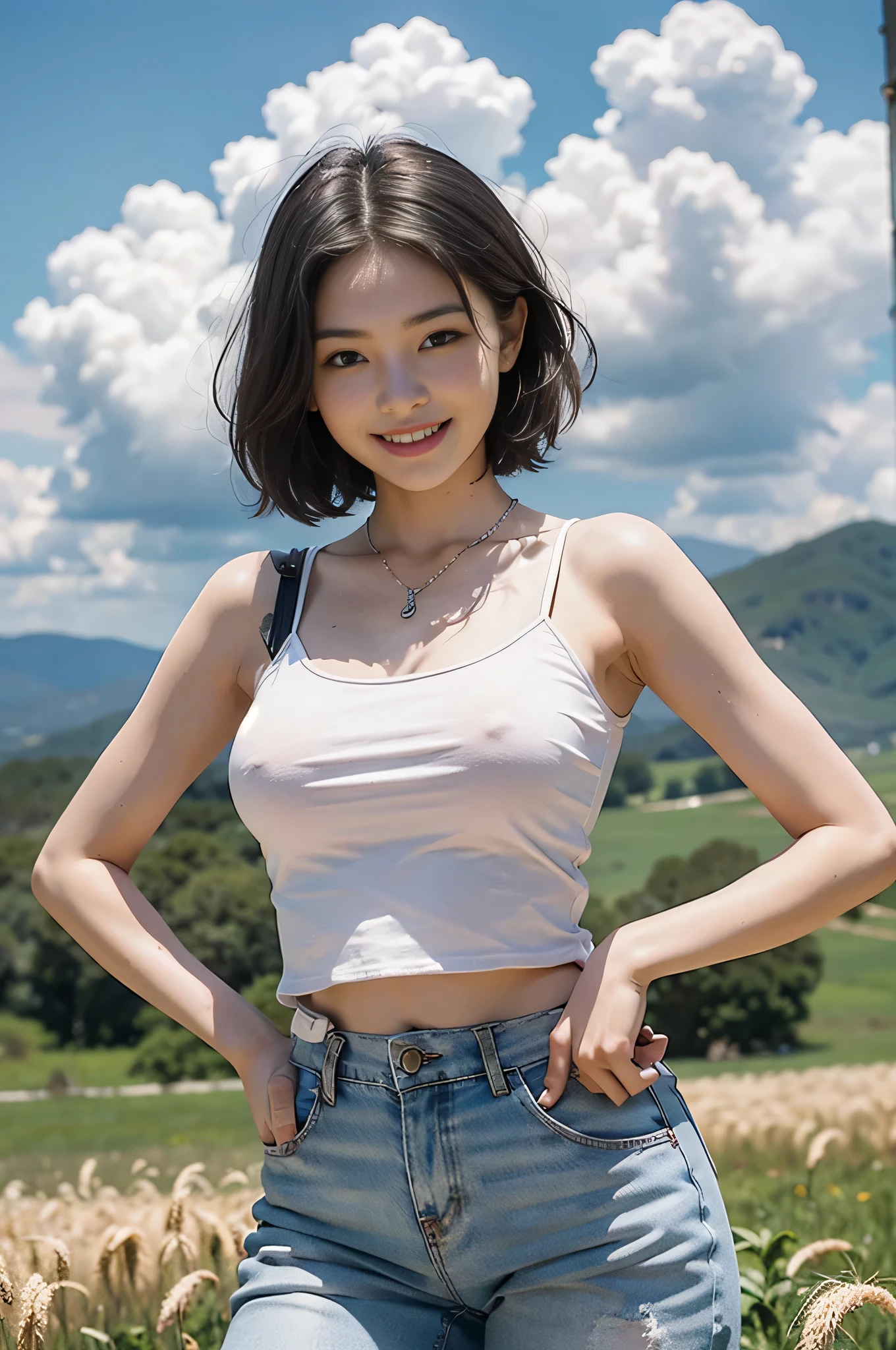 highest quality, Ultra-high resolution, masterpiece, Realistic: 1.8), pore, Accuracy, Wheat field, Tall and wide, White clouds overhead, (hot pants,pink)、 Ample breasts、White tank top、Silver Necklace、Pale Light, young woman, short hair、Smiling eyes、smile, Laugh out loud with your mouth open、White teeth、Standing with hands on his hip、 Detailed Description, 、 cute,