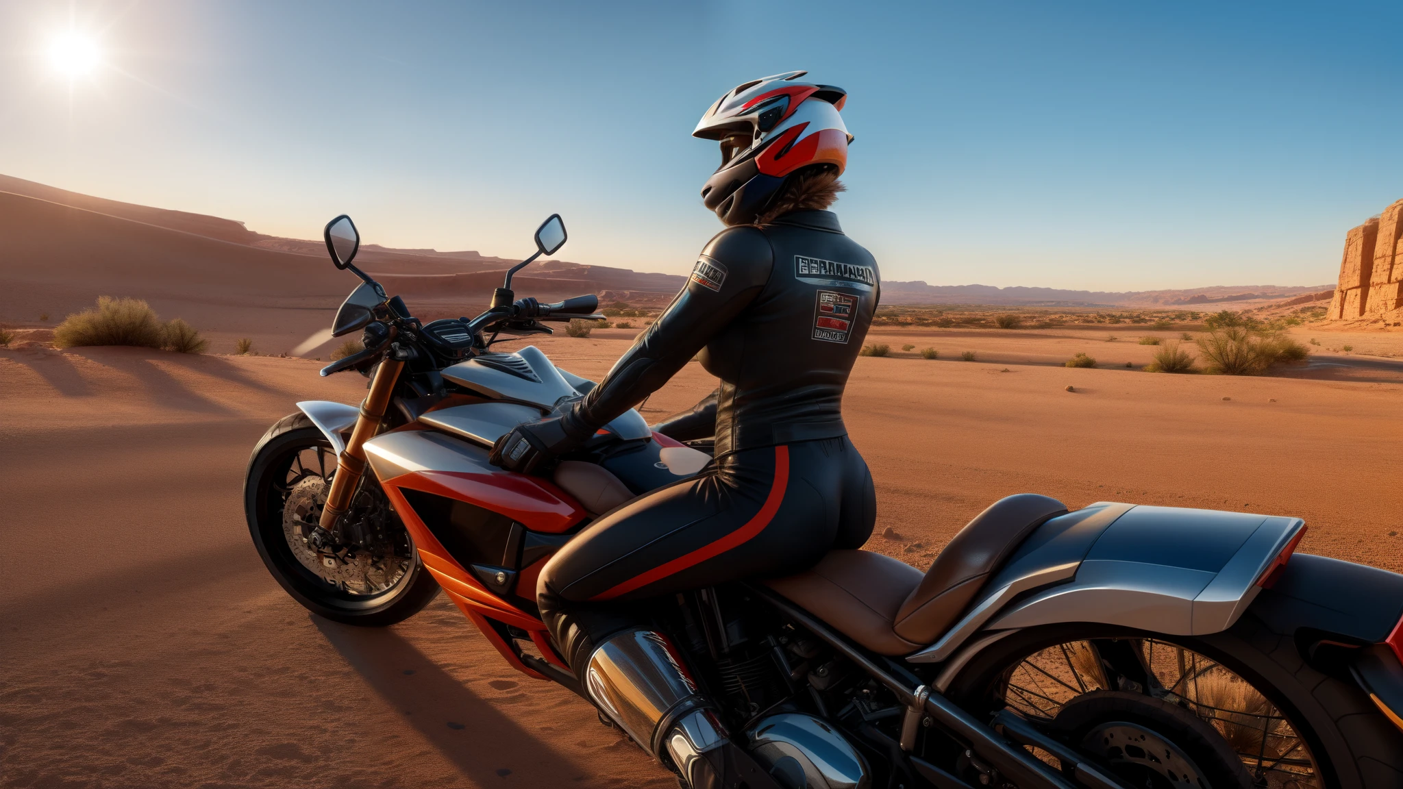 Riding on the motorcycle, sheep, female, tight pants, butt, tight shirt, motorcycle boots, motorcycle helmet, morning, long road, desert 