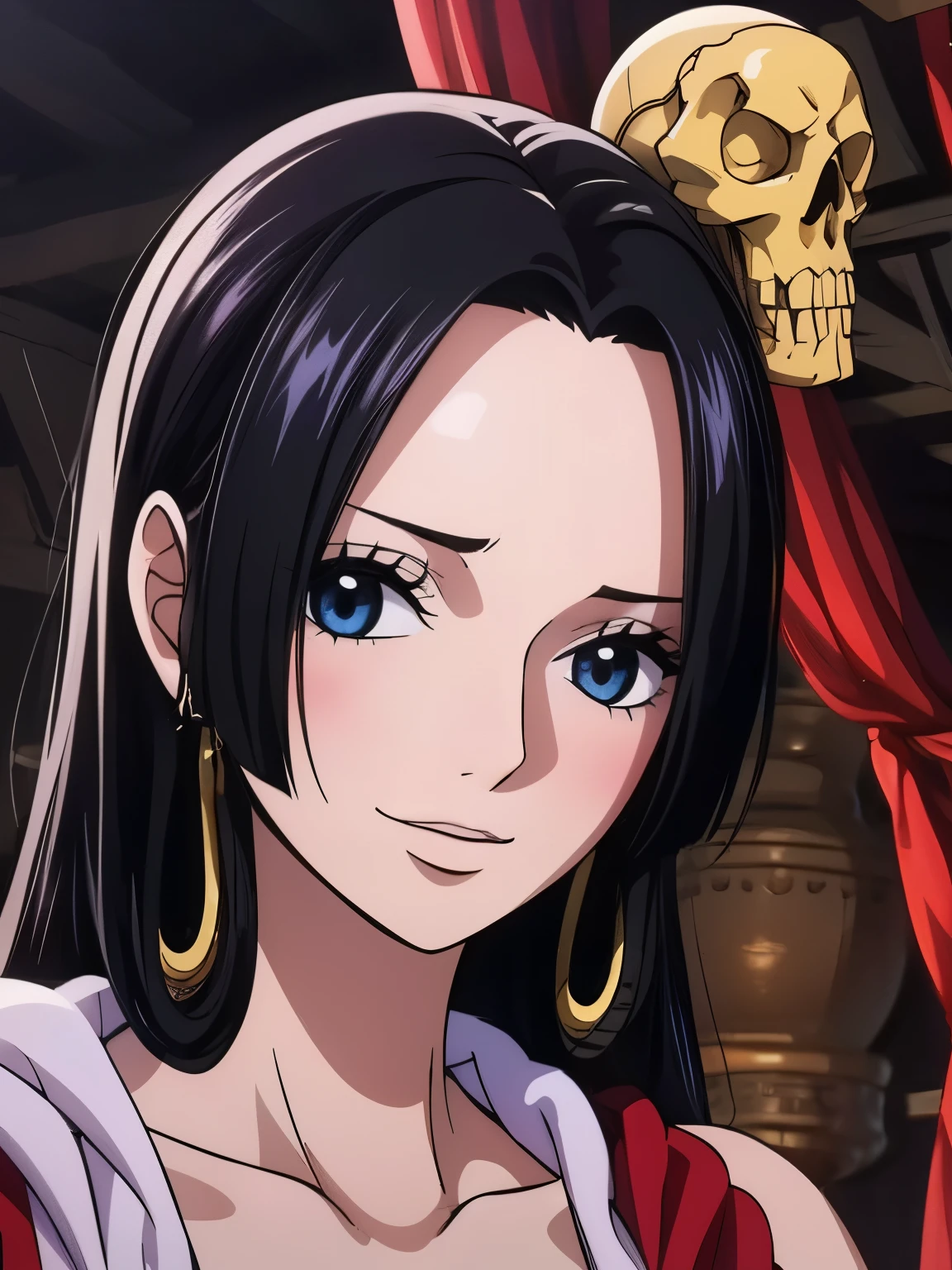 highest quality, masterpiece, Very detailed,One girl, cage, bandage, Red rope, (Detail Light), Boa Hancock,, (masterpiece:1.5), Detailed Photos, smile,(8k, Realistic, highest quality: 1.4), (One girl), Beautiful Face, (Anime realistic face), (Black Hair, Long Hair: 1.3), Beautiful Hairstyles, Realistic eyes, Beautiful details in the eyes, (Realistic Skin), Beautiful Skin, (Swimwear), (whole body), Absurd, Charm, 超High resolution, Ultra-realistic, High resolution, Golden Ratio, Salome, White snake with a skull on its head, Big Snake