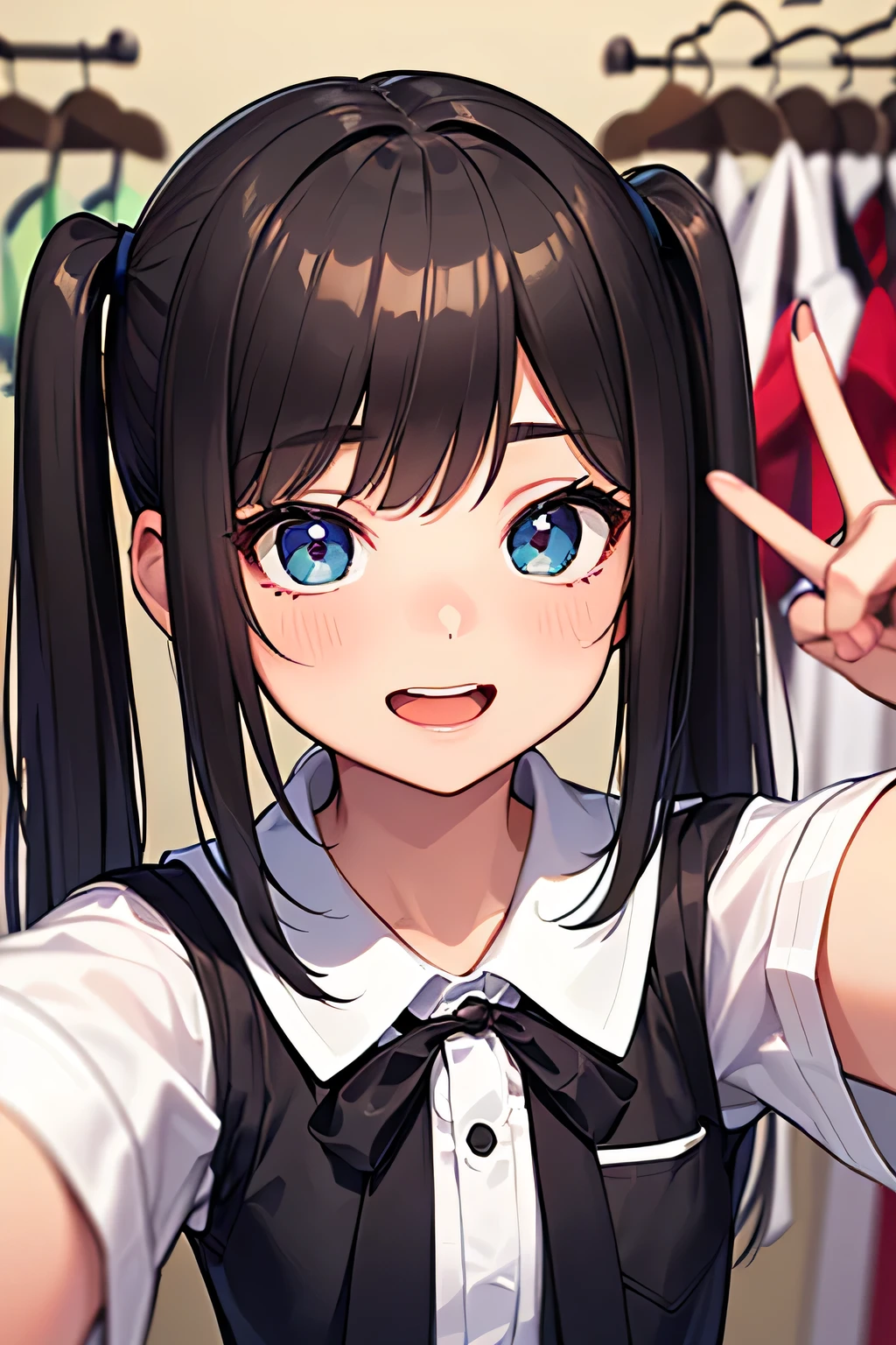 highest quality、High resolution、Detailed Background、(Beautiful face in every detail:1.4)、Anatomically correct、(Hide your fingers:1.3)、(Detailed facial expressions)、(Detailed eyes:1.2)、Teenage beauty、(Highly detailed face:1.4)、Cute hair colour、Braided twin tails、well-groomed eyebrows、Cute JK Uniform、Cute gestures、(Changing clothes in the fitting room)、In a joking manner、A big smile、(Three beautiful girls happily taking a selfie with their friends:1.5)