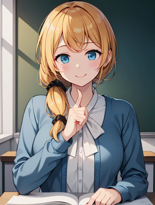 high resolution、High definition、high quality、Masterpiece、1 female、Ellen Baker、School teacher、Blonde、Blue Eyes、Light blue suit、School classroom、Cute pose、blackboard、smile、((Depiction of only the upper body))、((Woman close up))